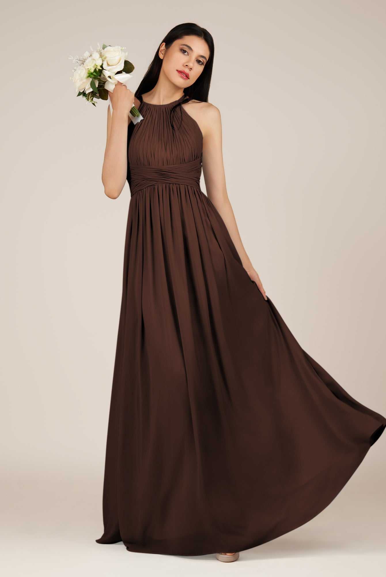 KissDress-Orinthia Espresso A Line Halter Neck Chiffon Long Bridesmaid Dress with Pleats