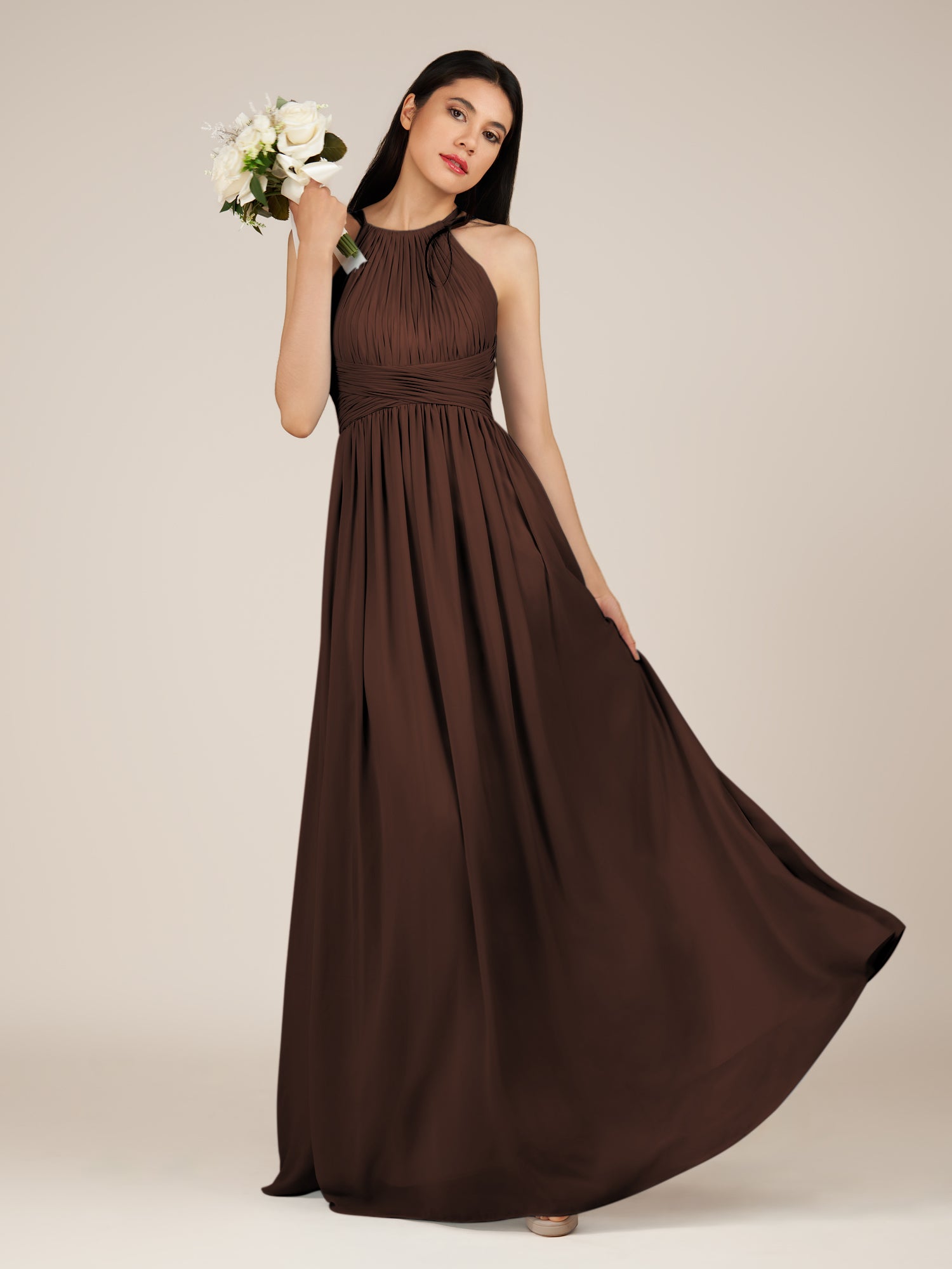 KissDress-Orinthia Espresso A Line Halter Neck Chiffon Long Bridesmaid Dress with Pleats