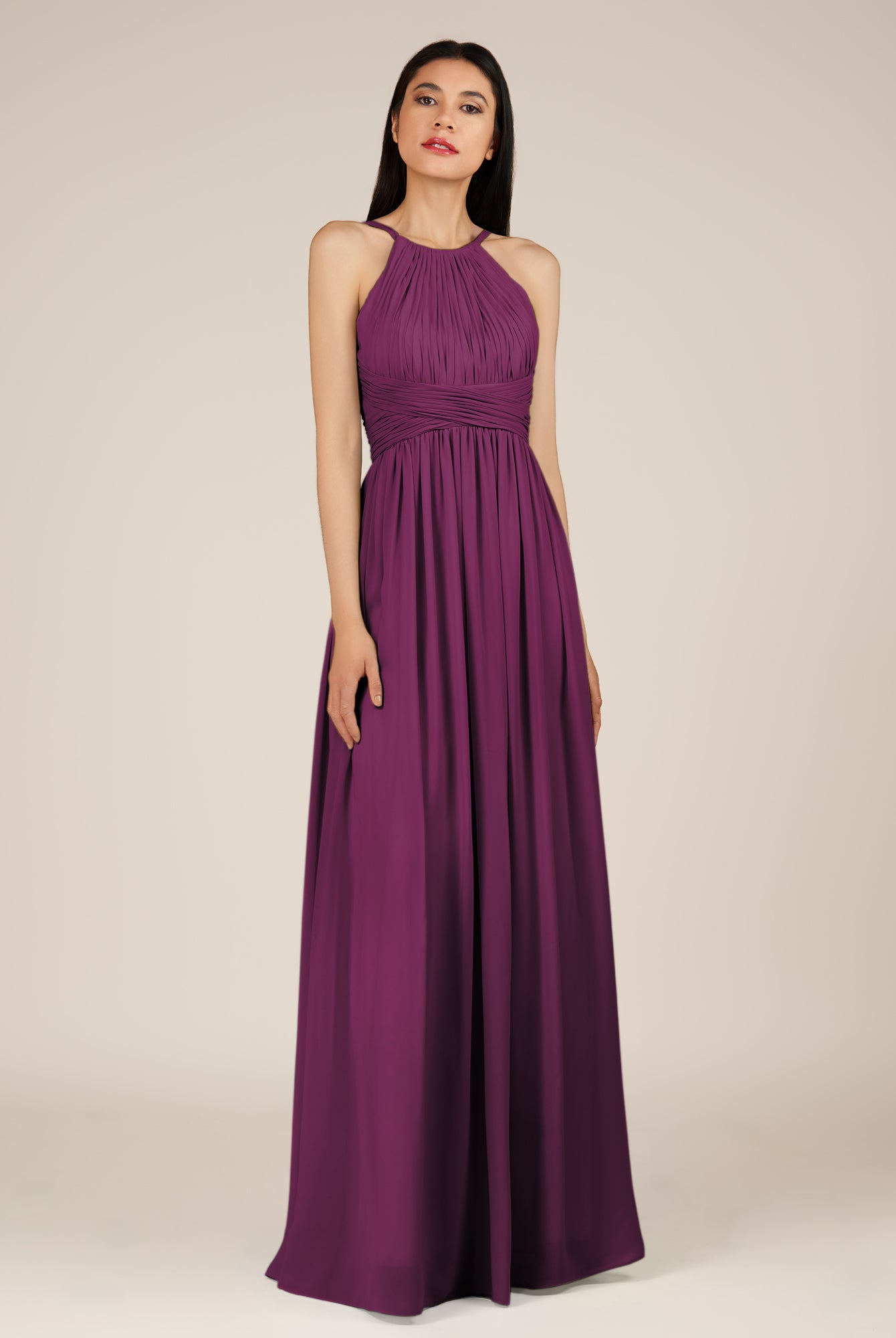 KissDress-Orinthia Fig A Line Halter Neck Chiffon Long Bridesmaid Dress with Pleats