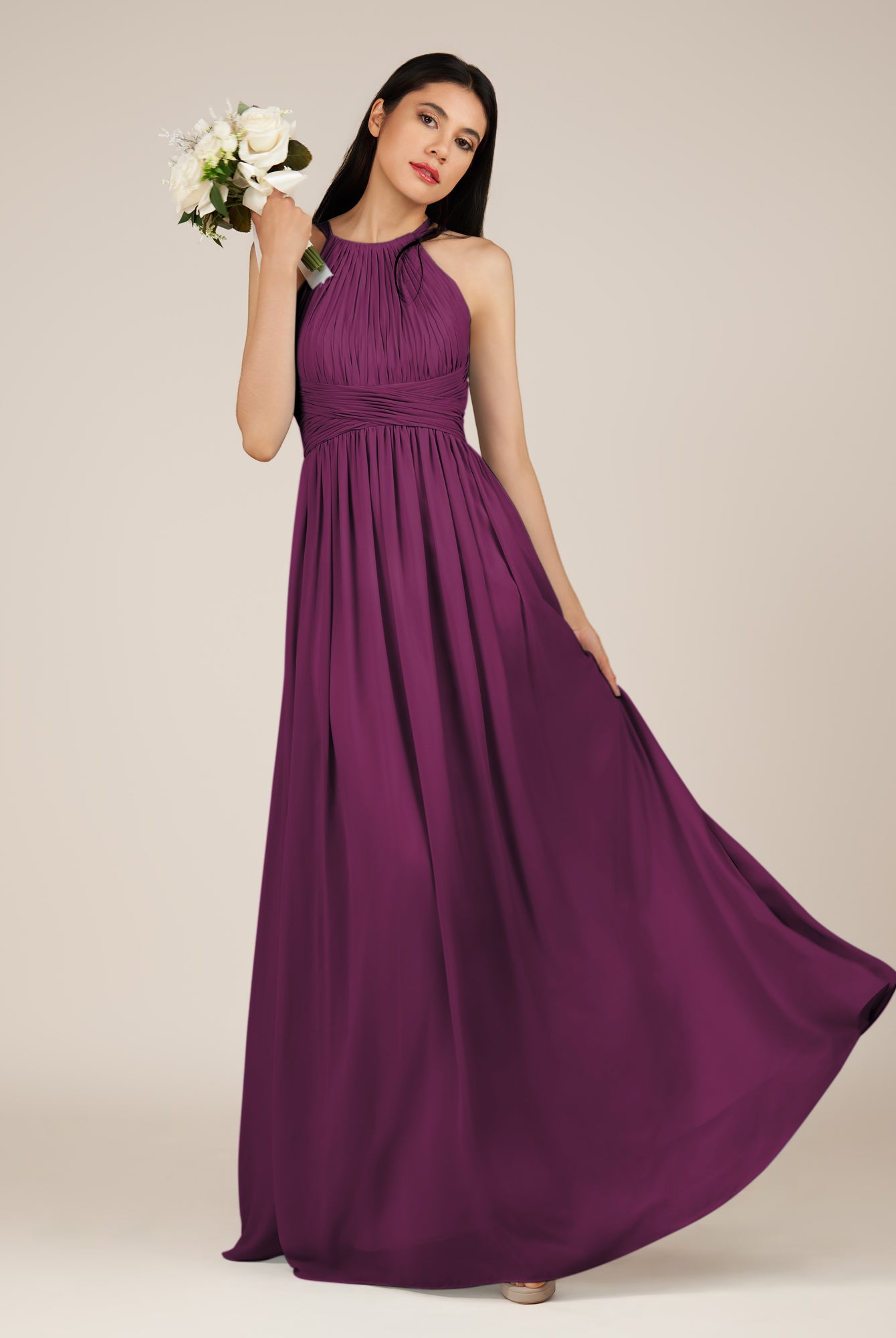 KissDress-Orinthia Fig A Line Halter Neck Chiffon Long Bridesmaid Dress with Pleats