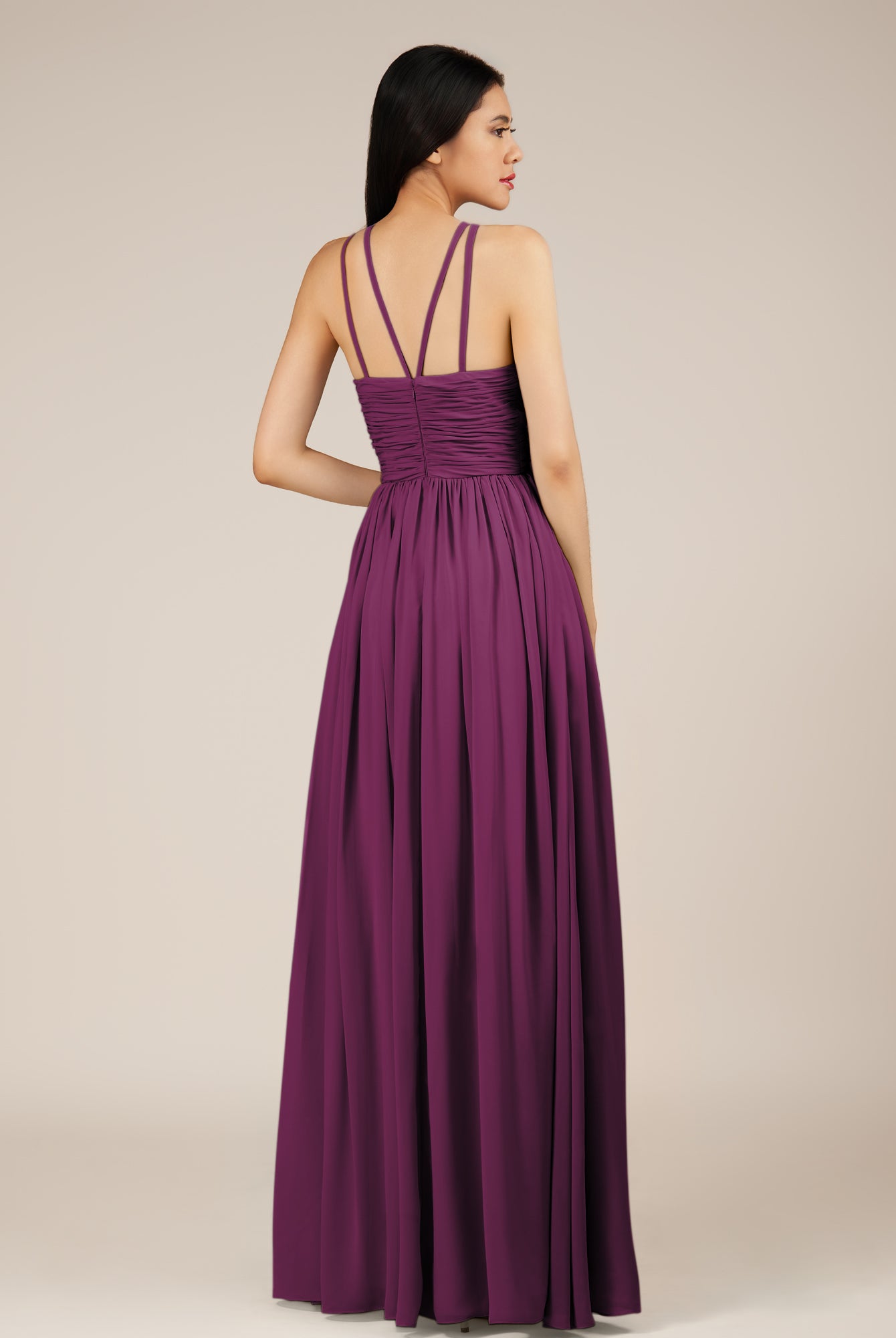 KissDress-Orinthia Fig A Line Halter Neck Chiffon Long Bridesmaid Dress with Pleats