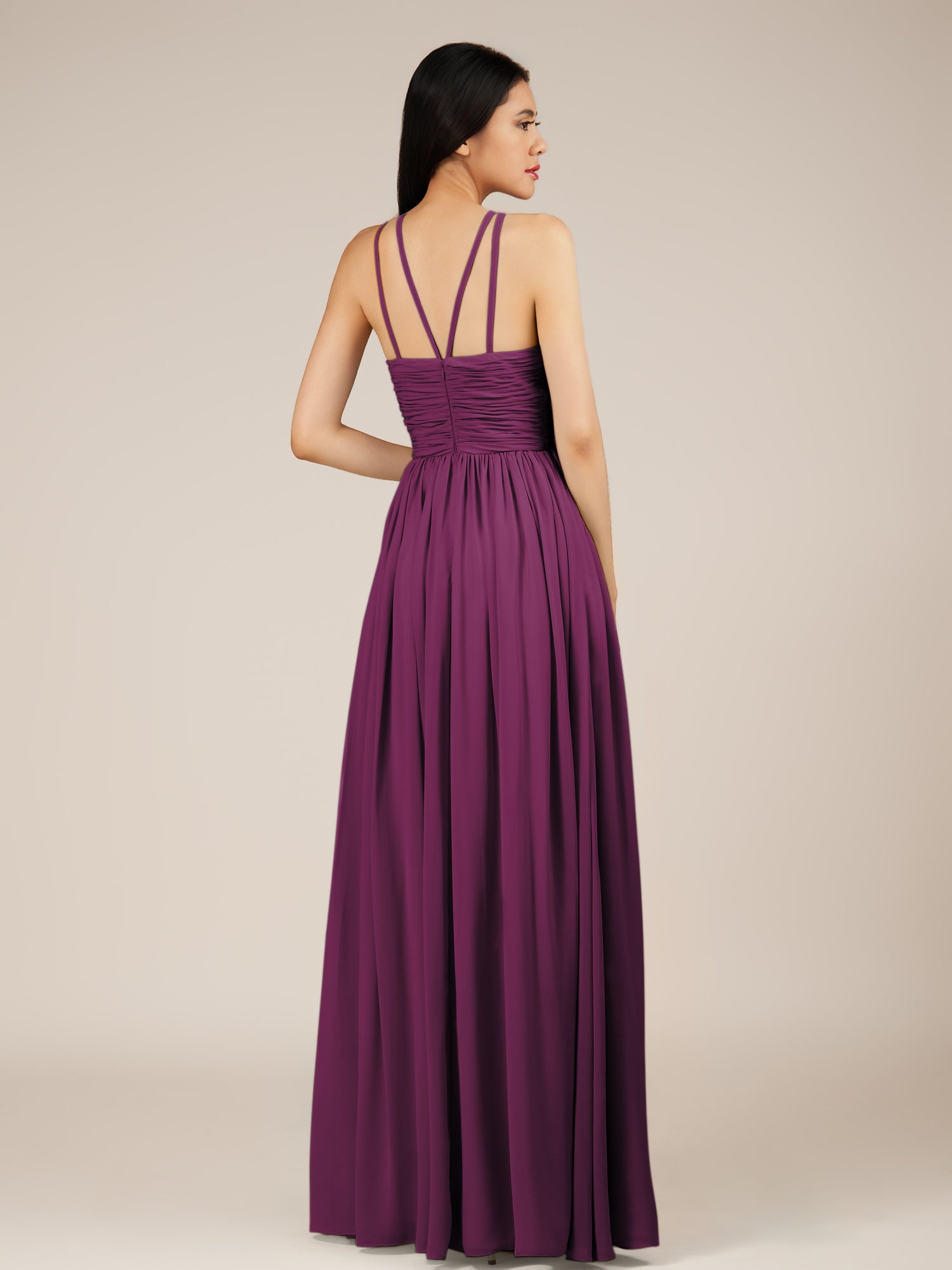 KissDress-Orinthia Fig A Line Halter Neck Chiffon Long Bridesmaid Dress with Pleats