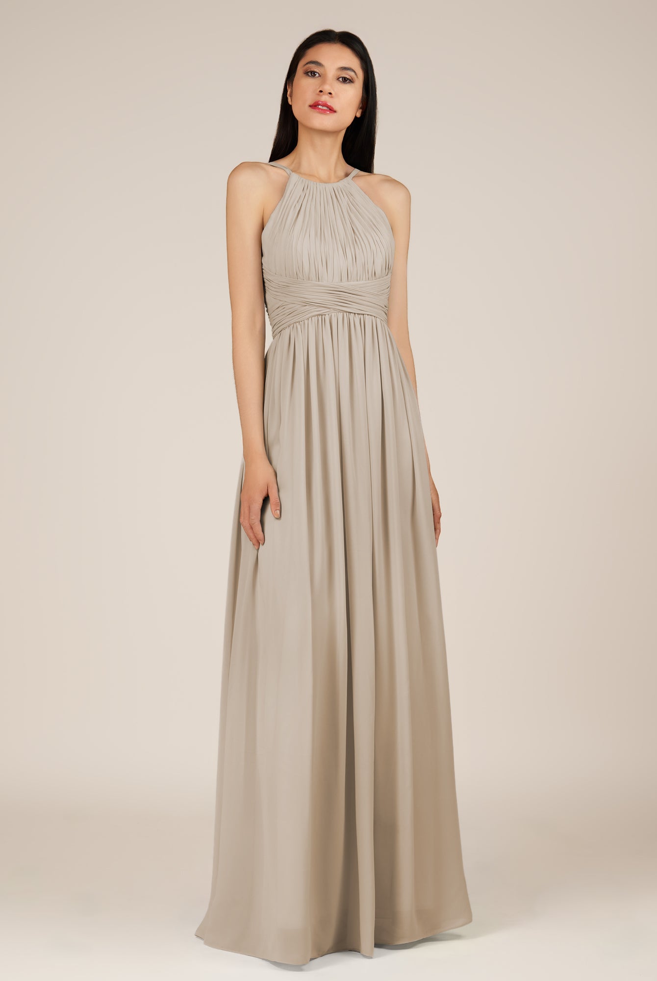 KissDress-Orinthia Frost A Line Halter Neck Chiffon Long Bridesmaid Dress with Pleats