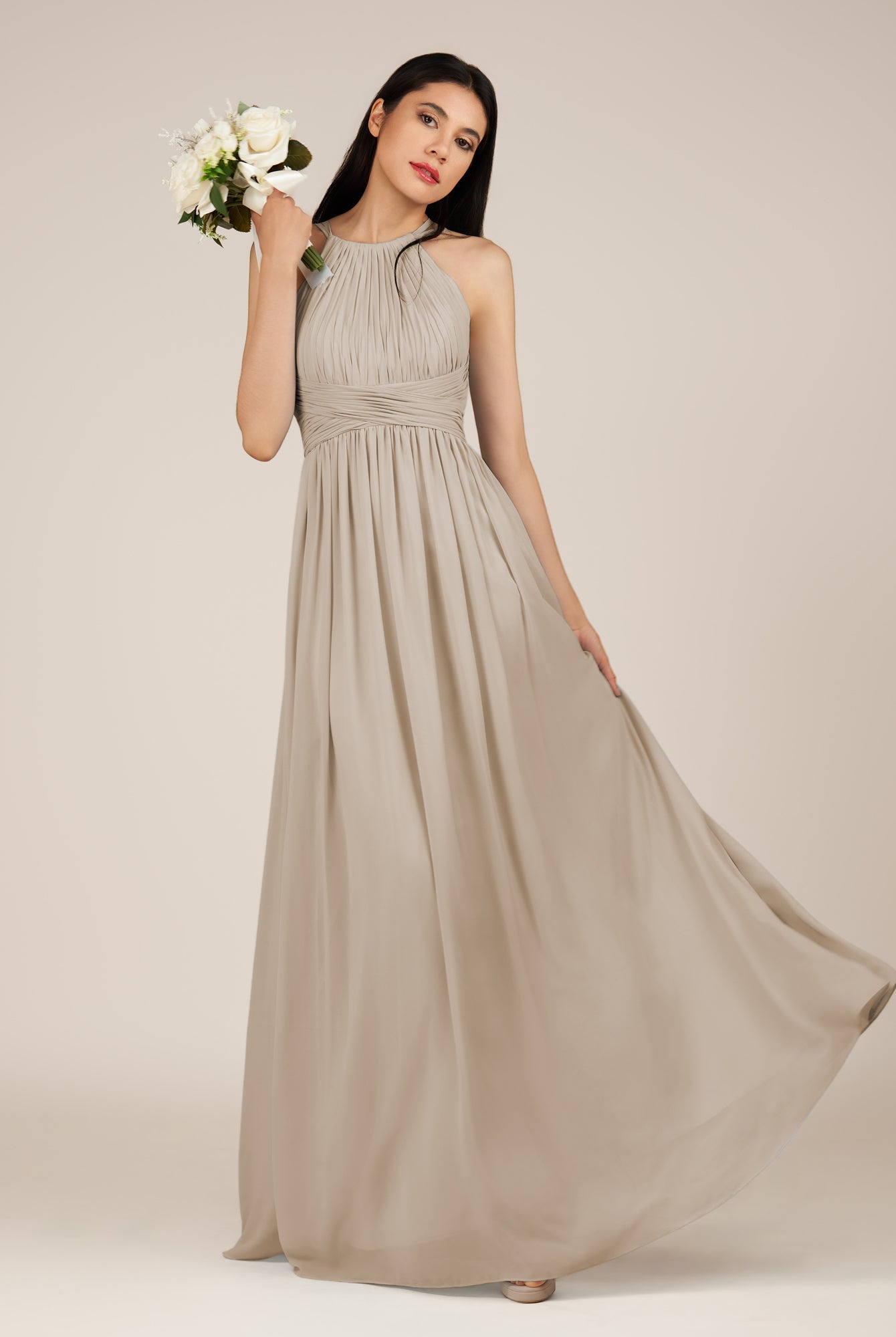 KissDress-Orinthia Frost A Line Halter Neck Chiffon Long Bridesmaid Dress with Pleats