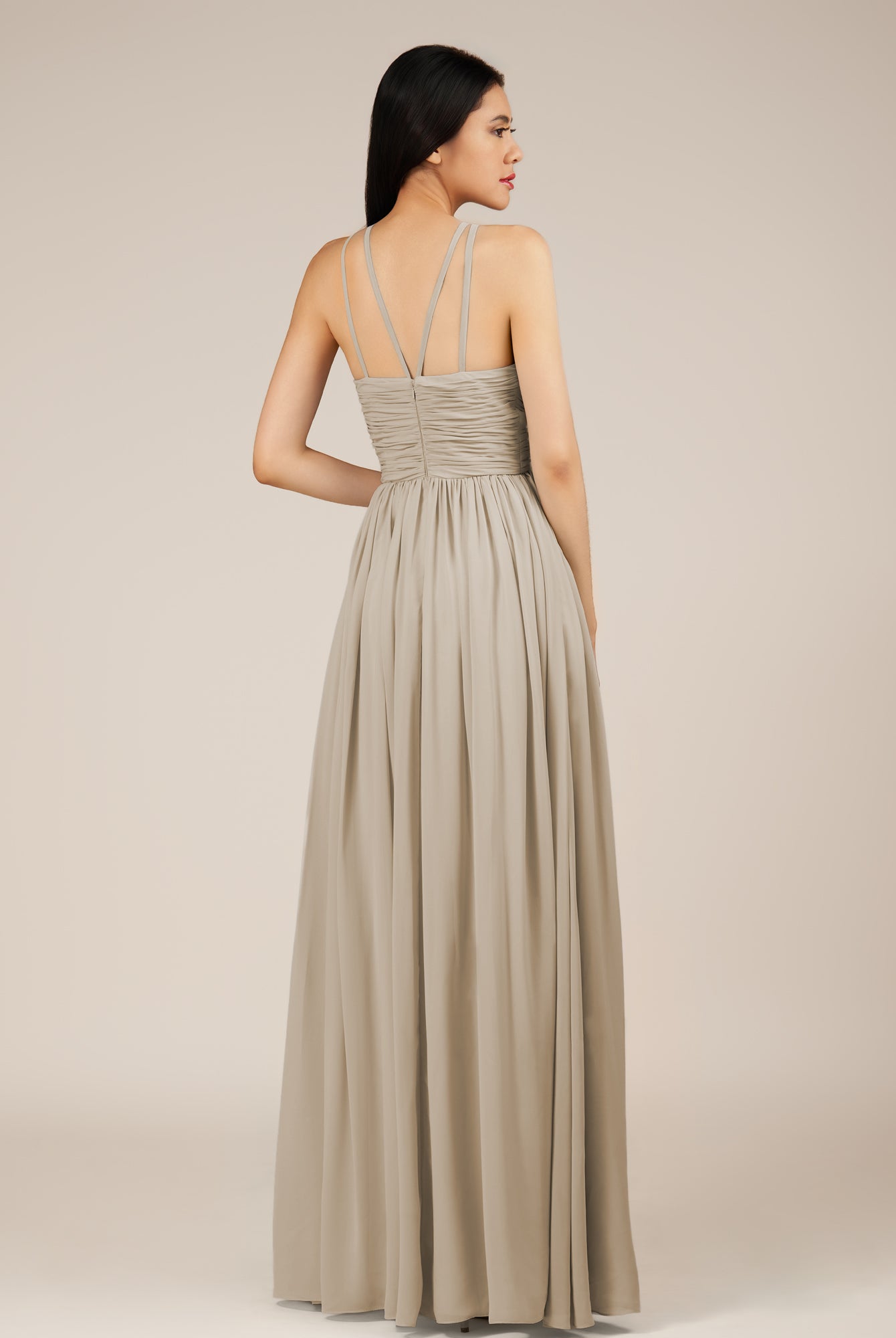 KissDress-Orinthia Frost A Line Halter Neck Chiffon Long Bridesmaid Dress with Pleats
