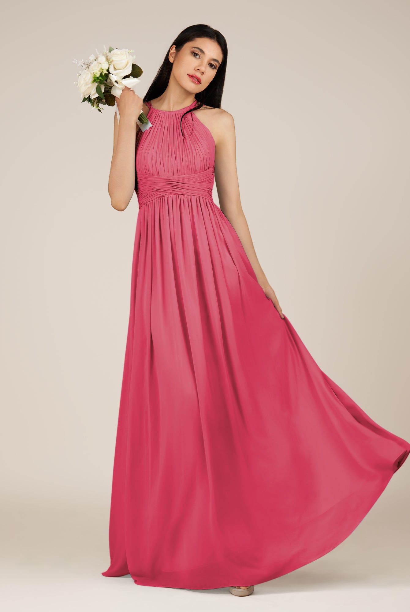 KissDress-Orinthia Fuchsia A Line Halter Neck Chiffon Long Bridesmaid Dress with Pleats