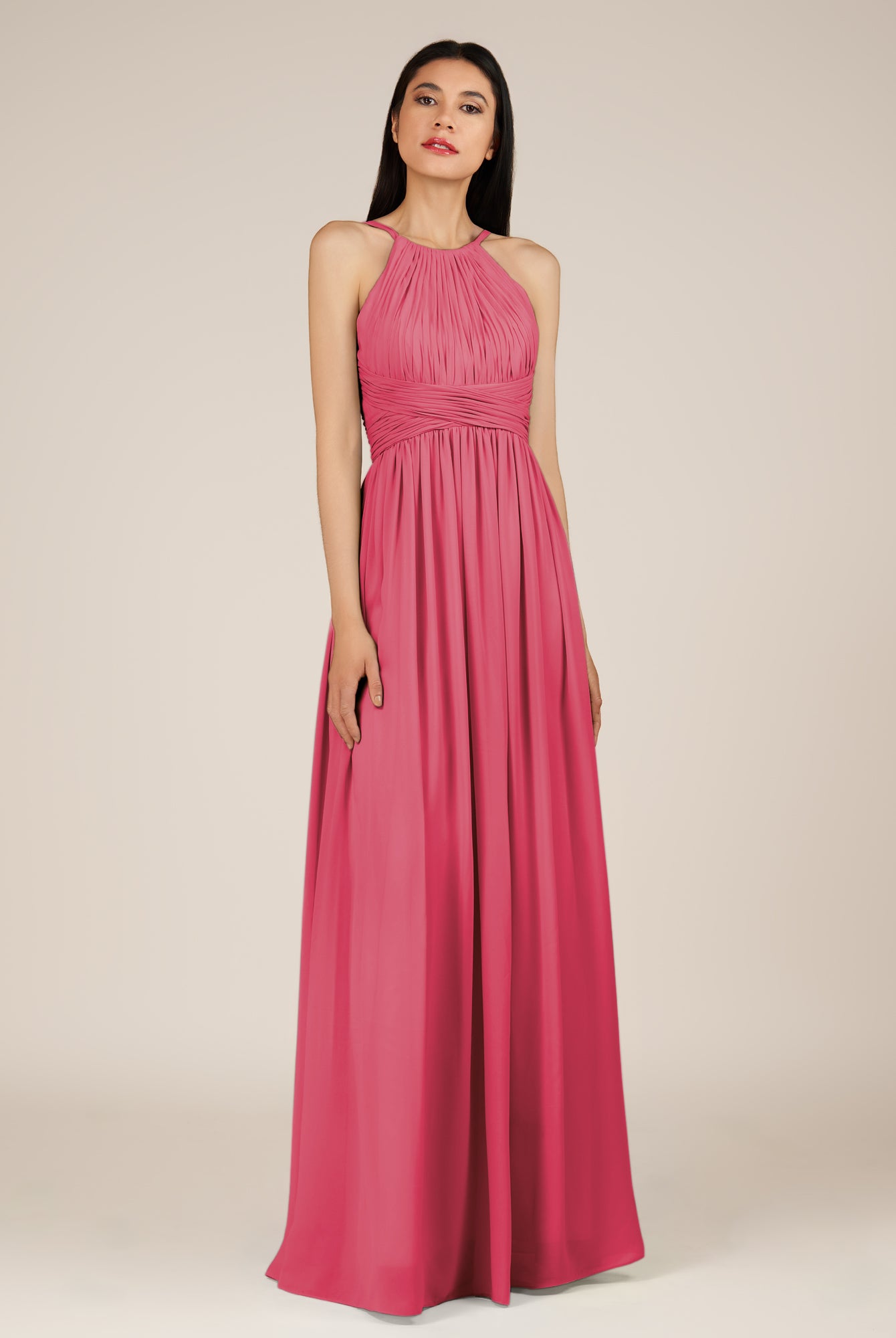 KissDress-Orinthia Fuchsia A Line Halter Neck Chiffon Long Bridesmaid Dress with Pleats