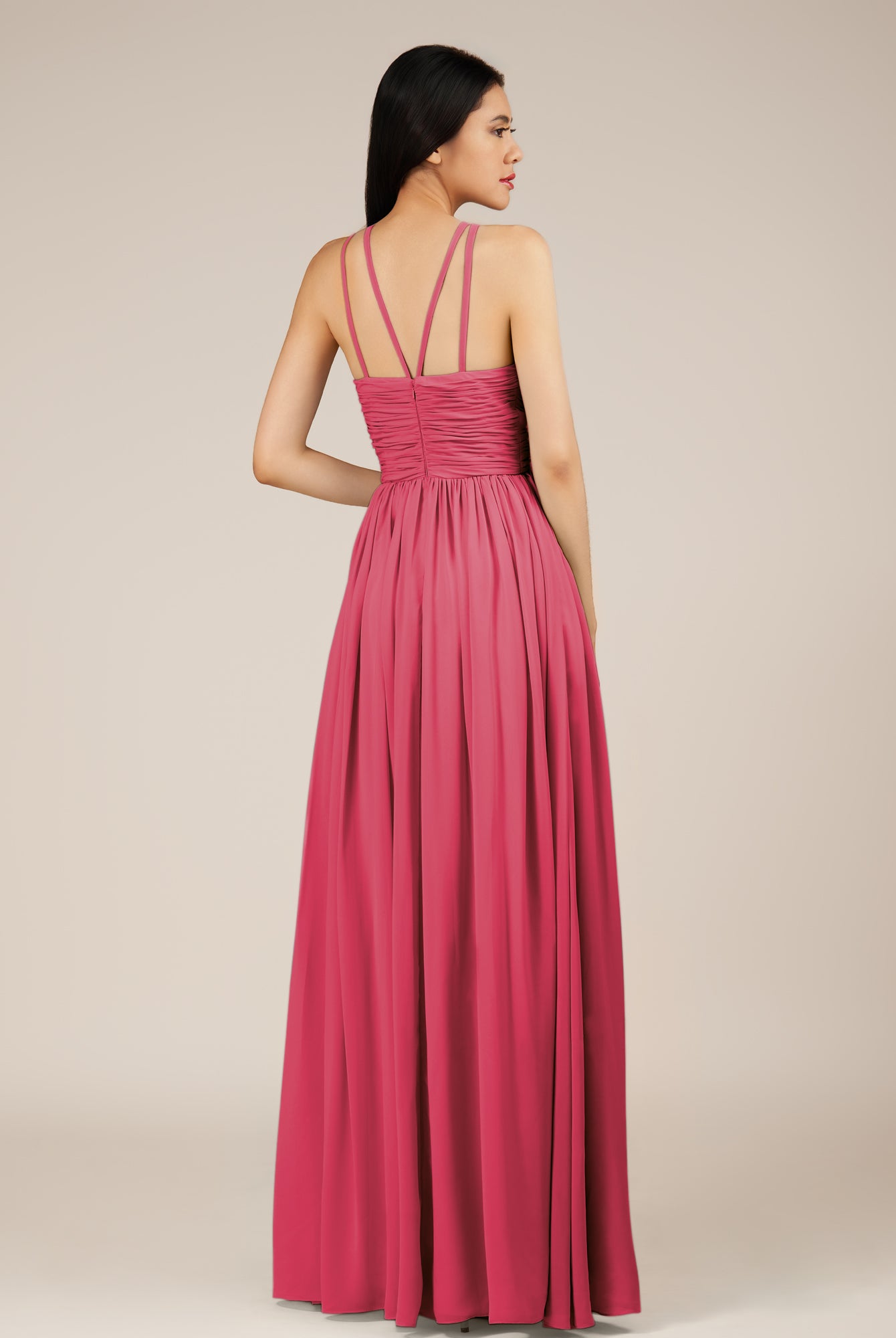 KissDress-Orinthia Fuchsia A Line Halter Neck Chiffon Long Bridesmaid Dress with Pleats