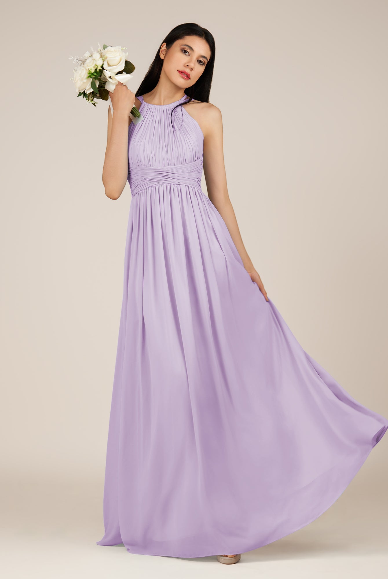KissDress-Orinthia Lavender A Line Halter Neck Chiffon Long Bridesmaid Dress with Pleats