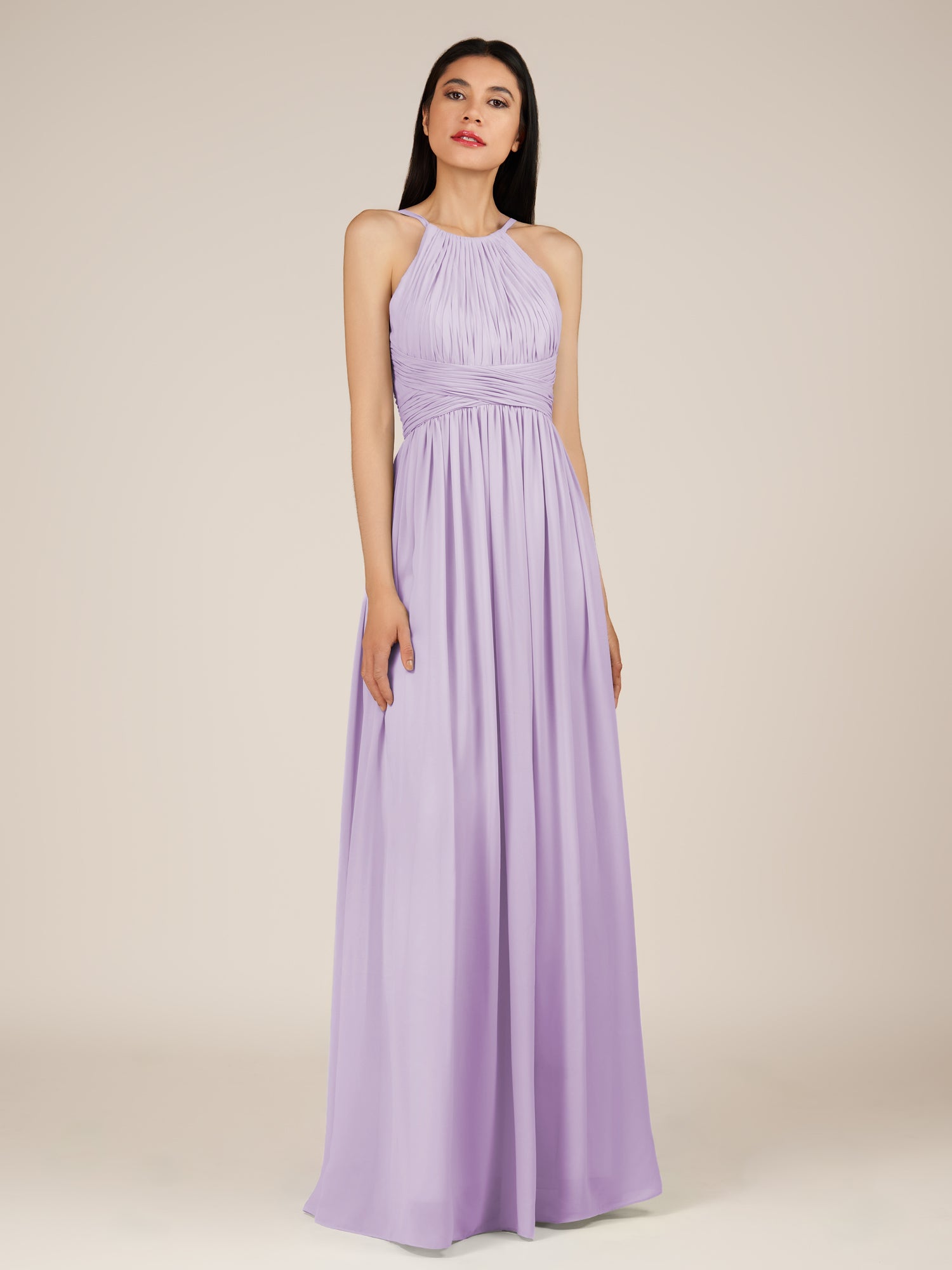 KissDress-Orinthia Lavender A Line Halter Neck Chiffon Long Bridesmaid Dress with Pleats