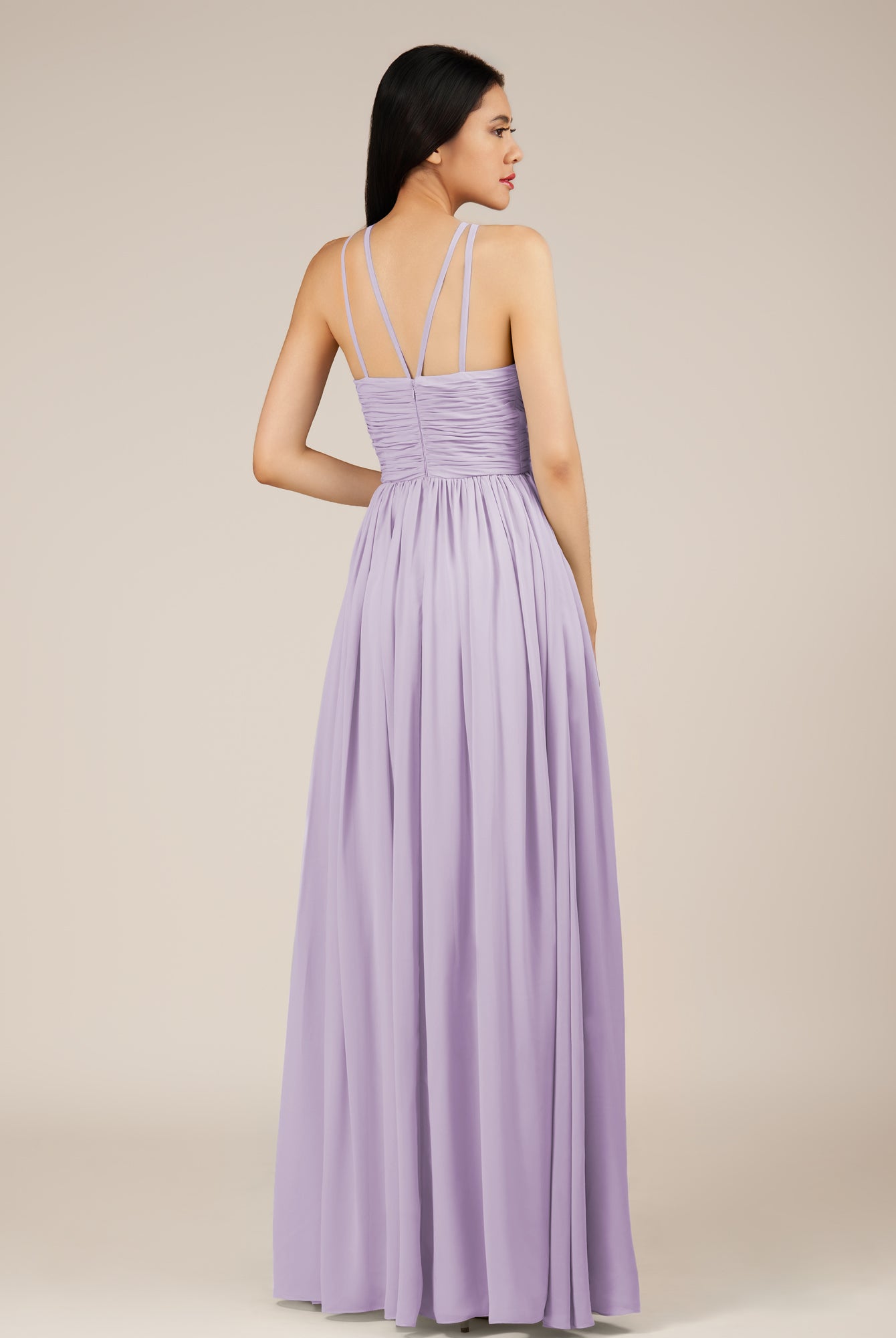 KissDress-Orinthia Lavender A Line Halter Neck Chiffon Long Bridesmaid Dress with Pleats