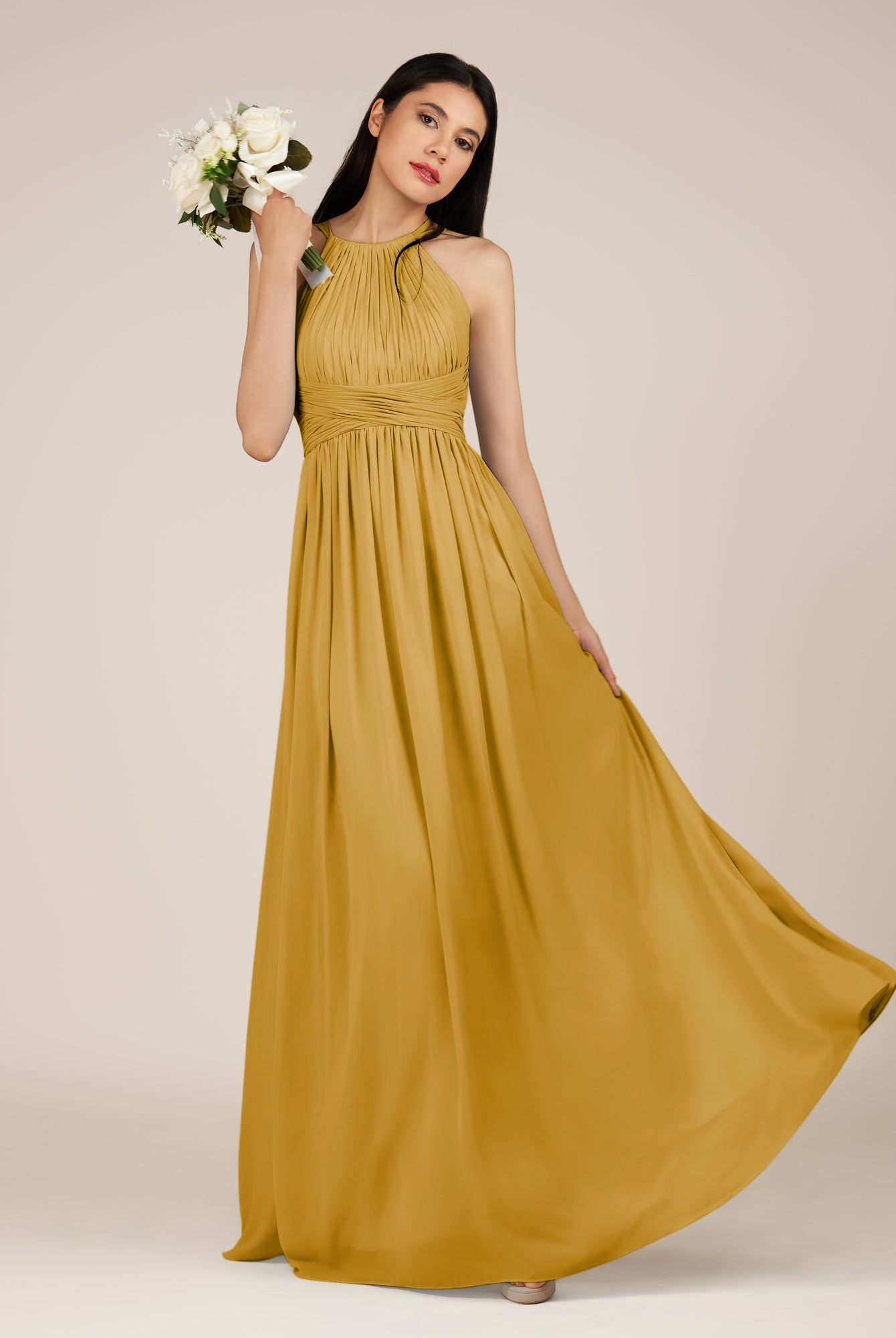 KissDress-Orinthia Marigold A Line Halter Neck Chiffon Long Bridesmaid Dress with Pleats