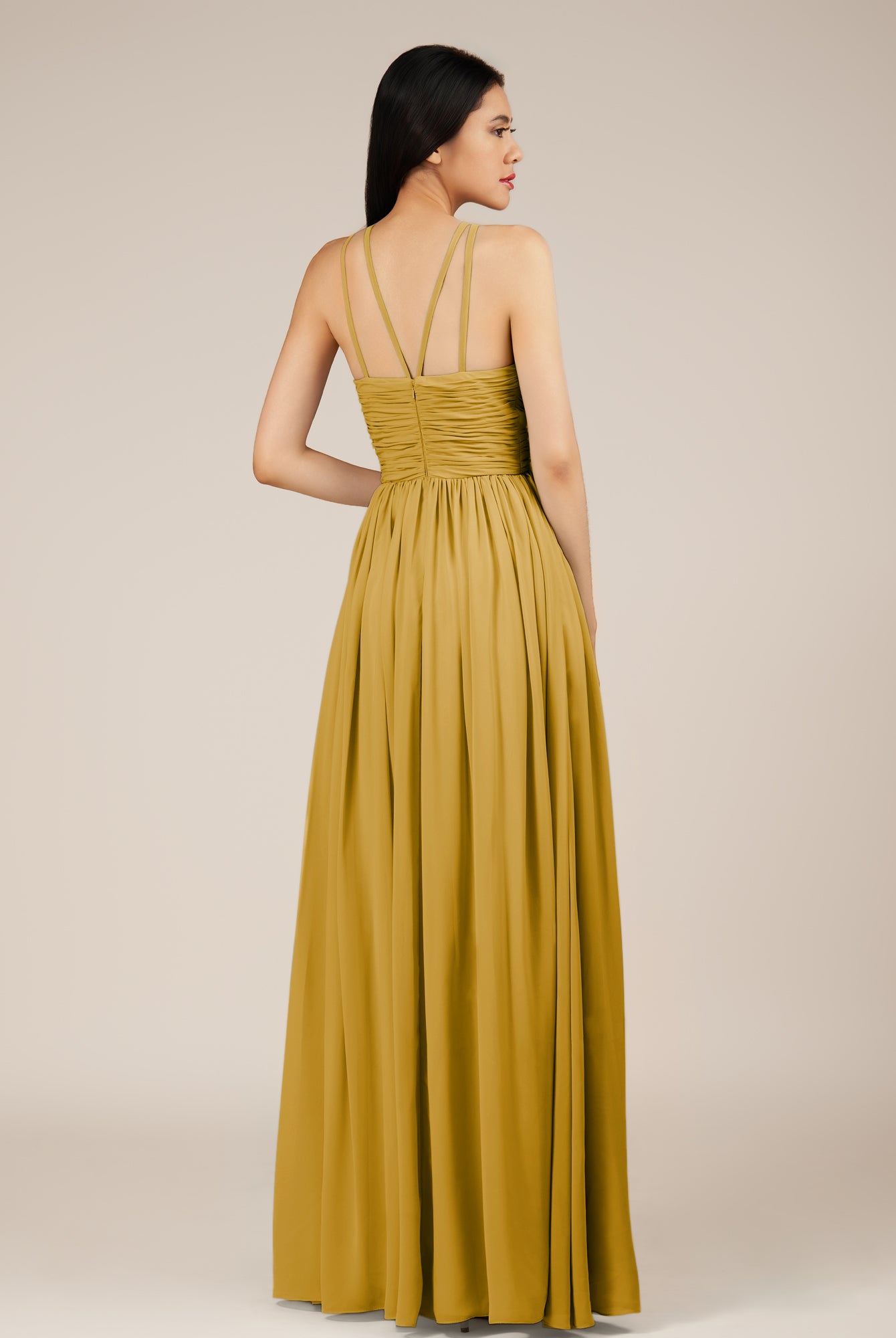 KissDress-Orinthia Marigold A Line Halter Neck Chiffon Long Bridesmaid Dress with Pleats