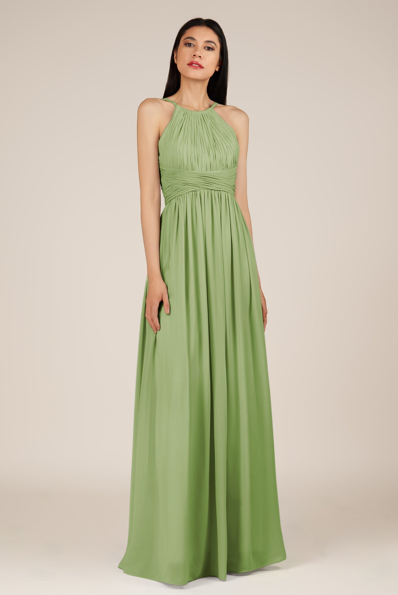 KissDress-Orinthia Matcha A Line Halter Neck Chiffon Long Bridesmaid Dress with Pleats