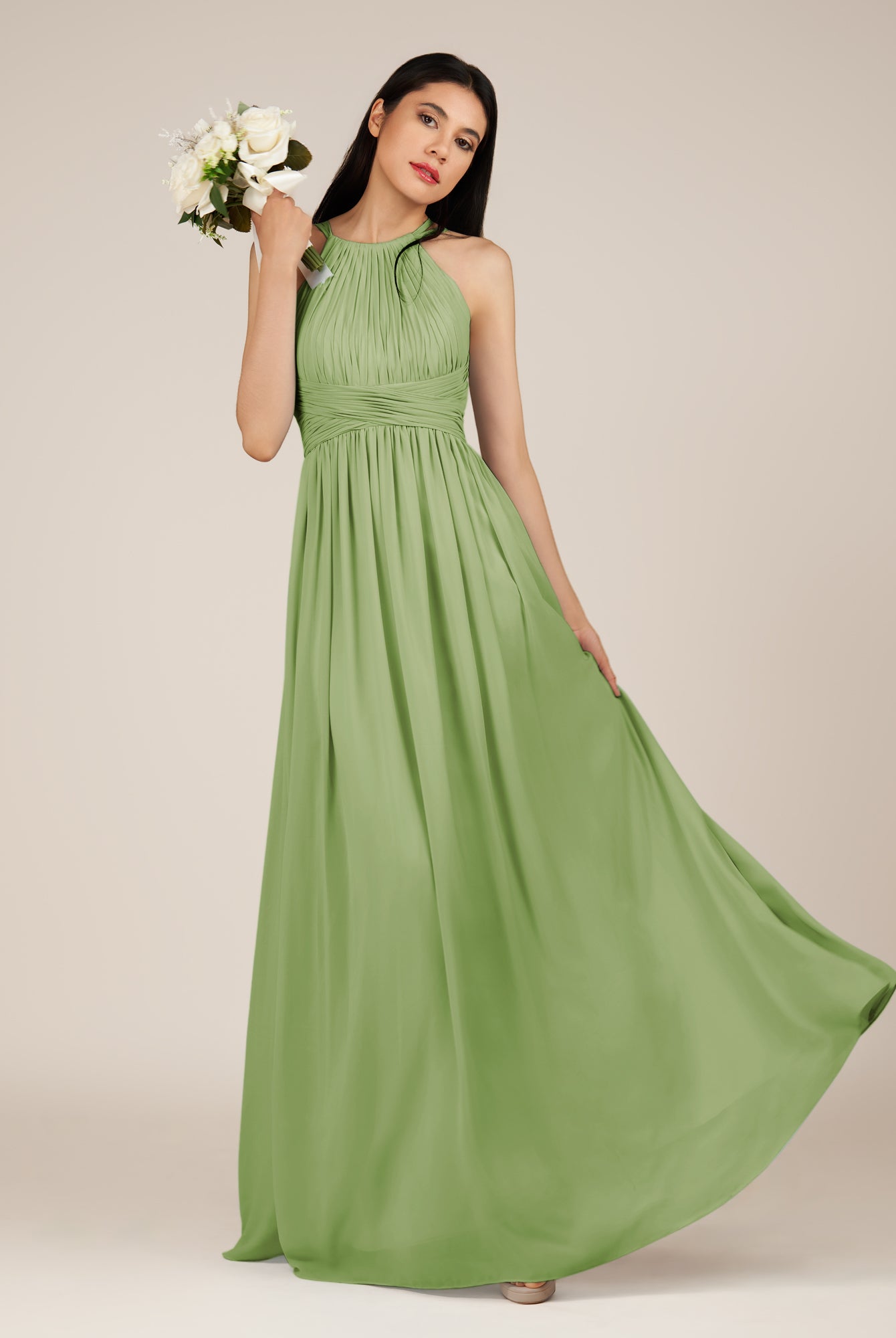 KissDress-Orinthia Matcha A Line Halter Neck Chiffon Long Bridesmaid Dress with Pleats