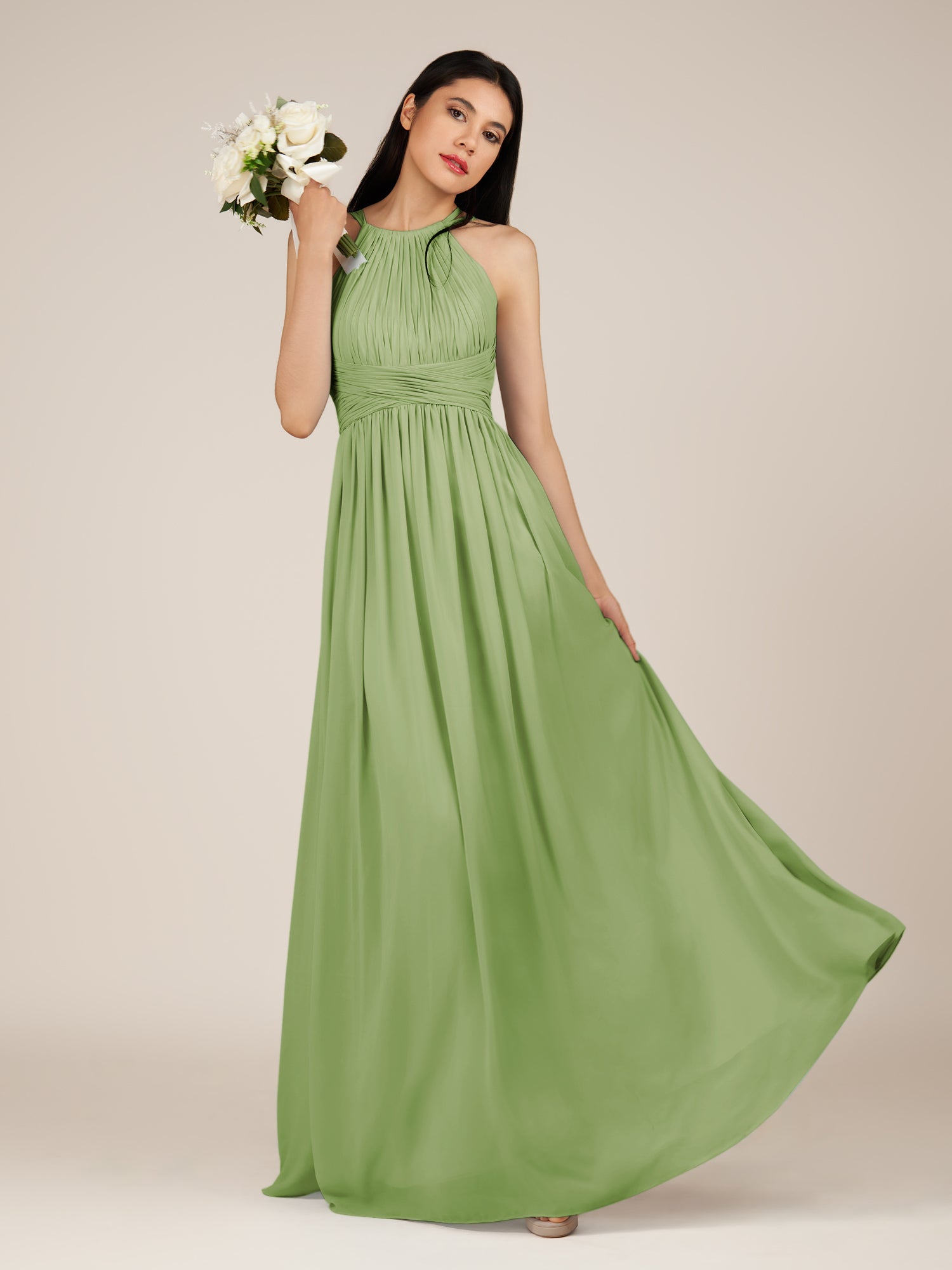 KissDress-Orinthia Matcha A Line Halter Neck Chiffon Long Bridesmaid Dress with Pleats