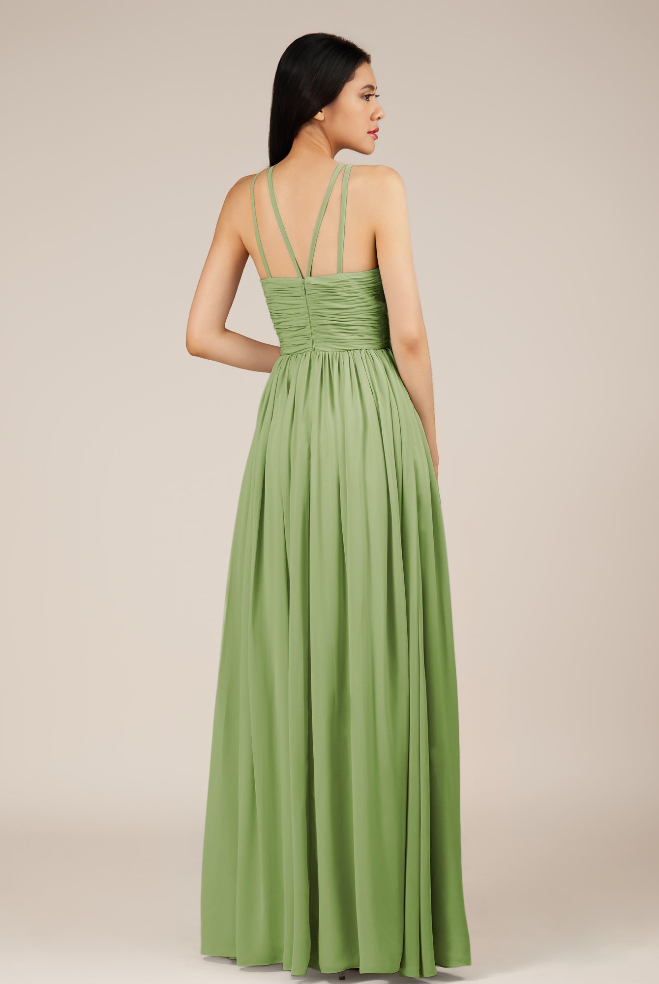 KissDress-Orinthia Matcha A Line Halter Neck Chiffon Long Bridesmaid Dress with Pleats
