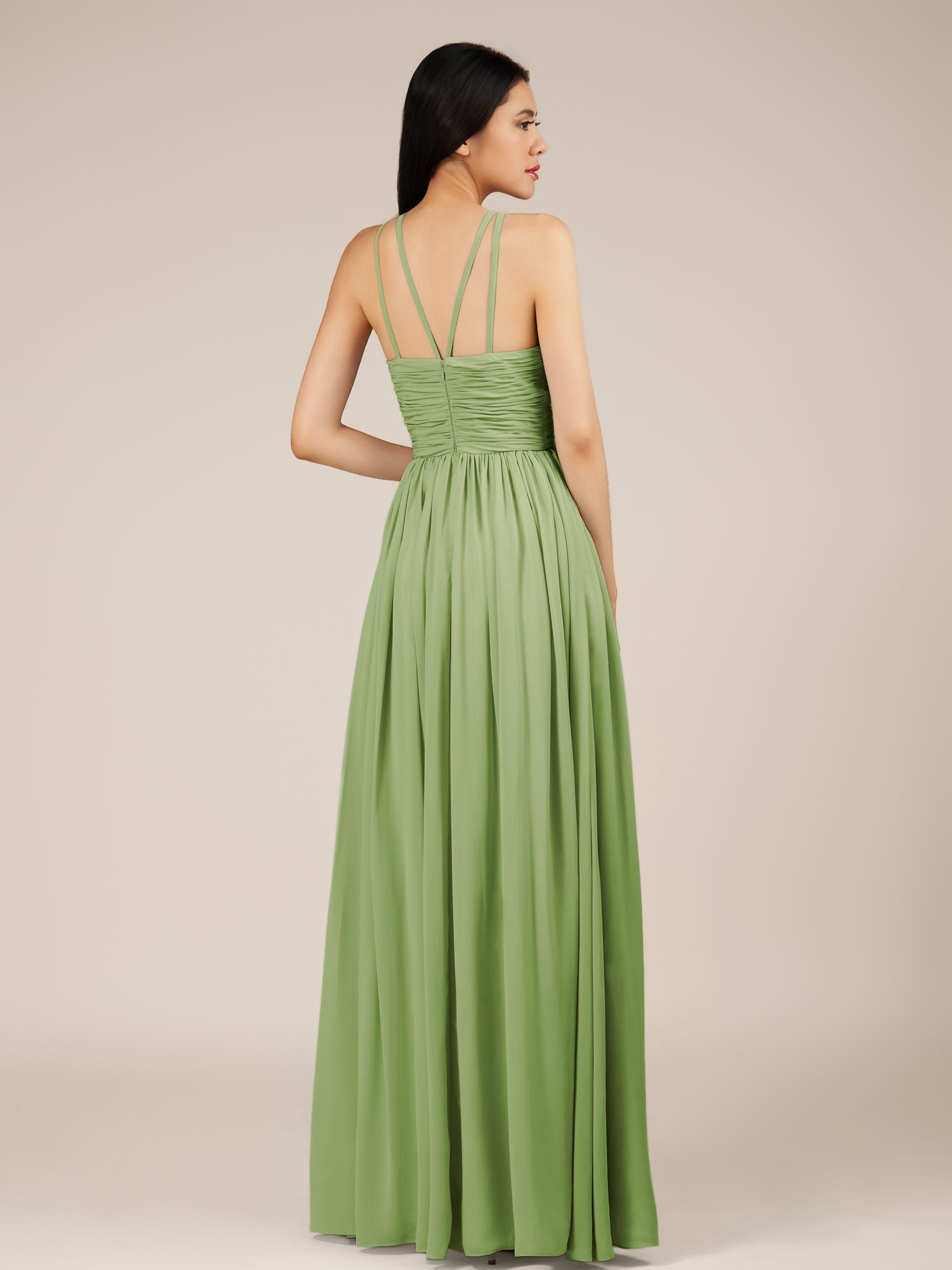 KissDress-Orinthia Matcha A Line Halter Neck Chiffon Long Bridesmaid Dress with Pleats