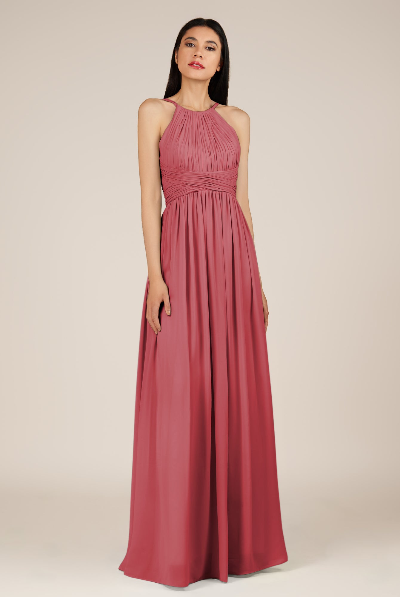 KissDress-Orinthia Merlot A Line Halter Neck Chiffon Long Bridesmaid Dress with Pleats