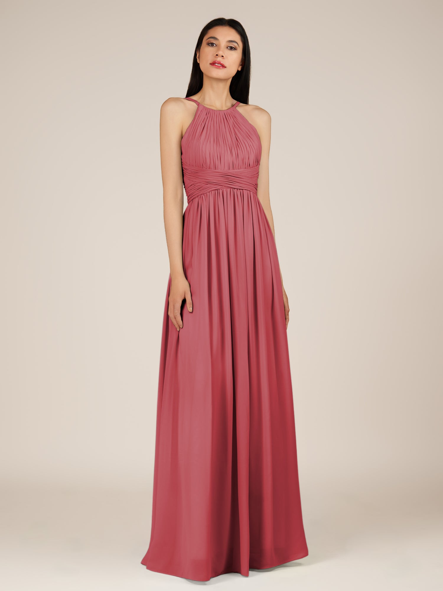 KissDress-Orinthia Merlot A Line Halter Neck Chiffon Long Bridesmaid Dress with Pleats