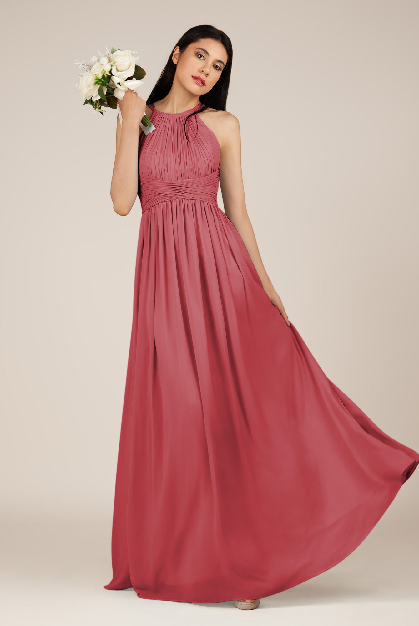 KissDress-Orinthia Merlot A Line Halter Neck Chiffon Long Bridesmaid Dress with Pleats