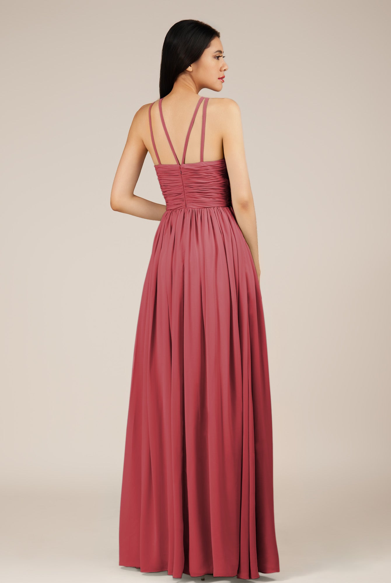 KissDress-Orinthia Merlot A Line Halter Neck Chiffon Long Bridesmaid Dress with Pleats