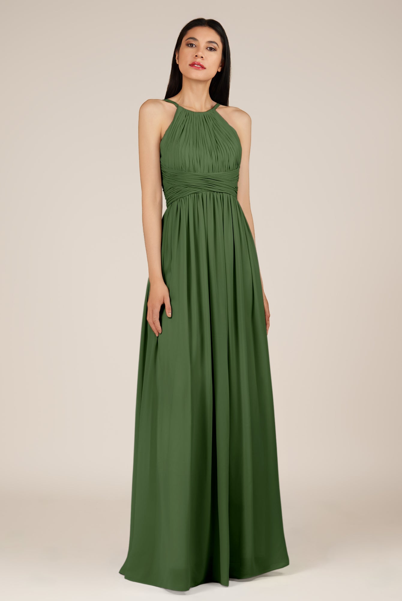 KissDress-Orinthia Moss A Line Halter Neck Chiffon Long Bridesmaid Dress with Pleats