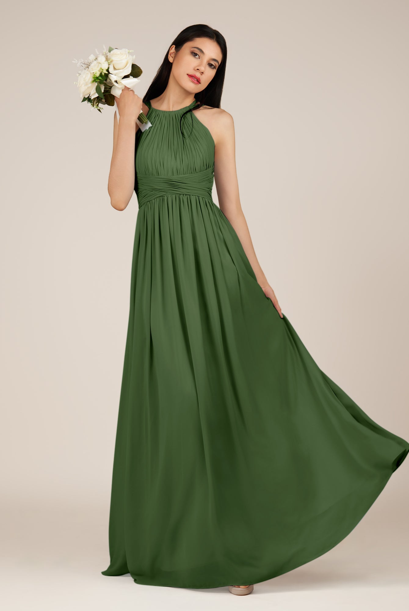 KissDress-Orinthia Moss A Line Halter Neck Chiffon Long Bridesmaid Dress with Pleats