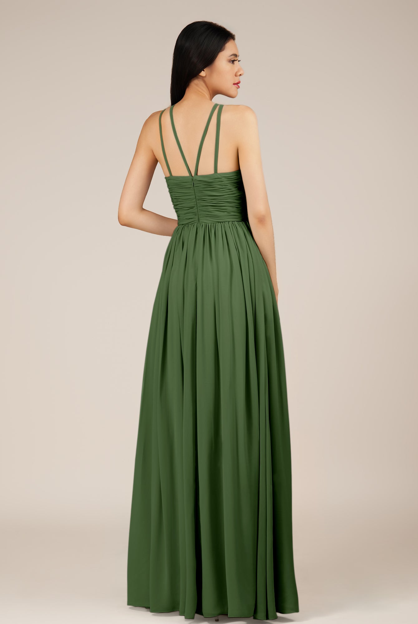 KissDress-Orinthia Moss A Line Halter Neck Chiffon Long Bridesmaid Dress with Pleats