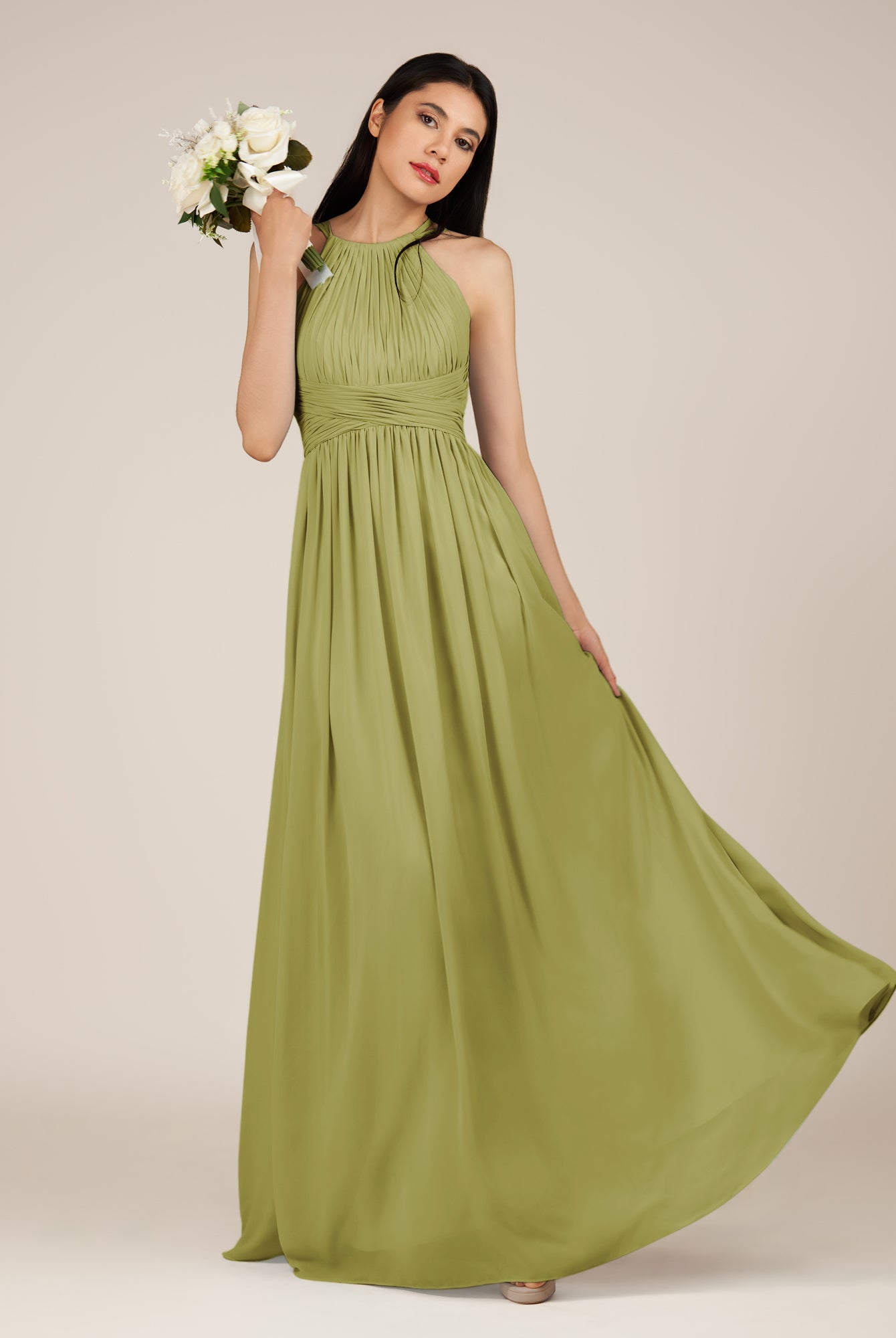 KissDress-Orinthia Moss Green A Line Halter Neck Chiffon Long Bridesmaid Dress with Pleats