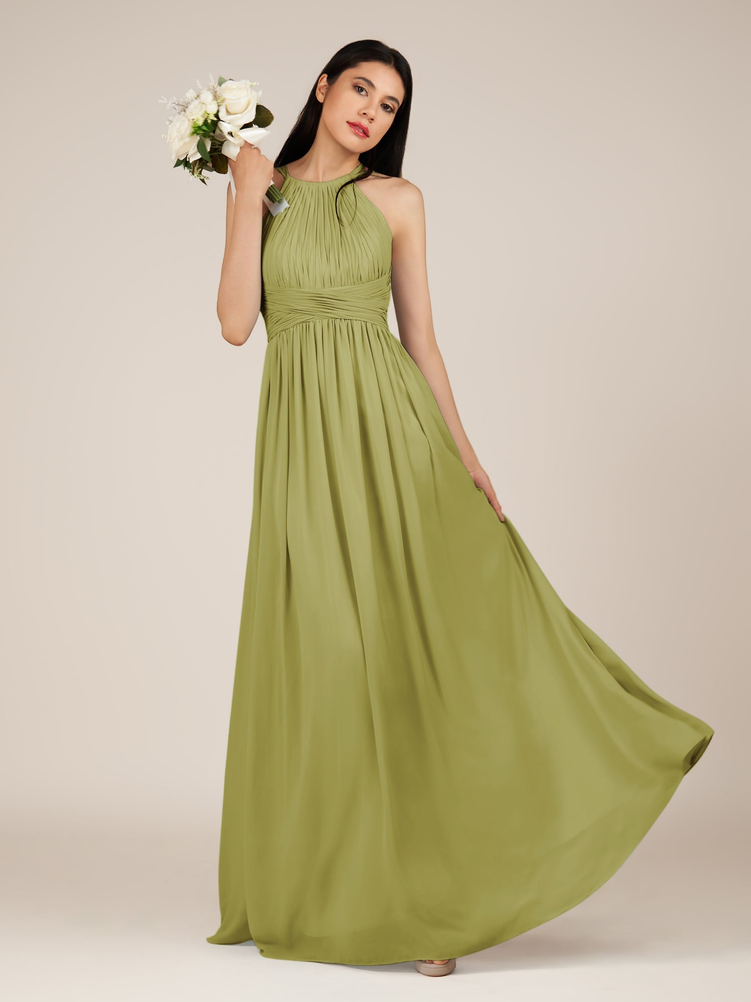 KissDress-Orinthia Moss Green A Line Halter Neck Chiffon Long Bridesmaid Dress with Pleats