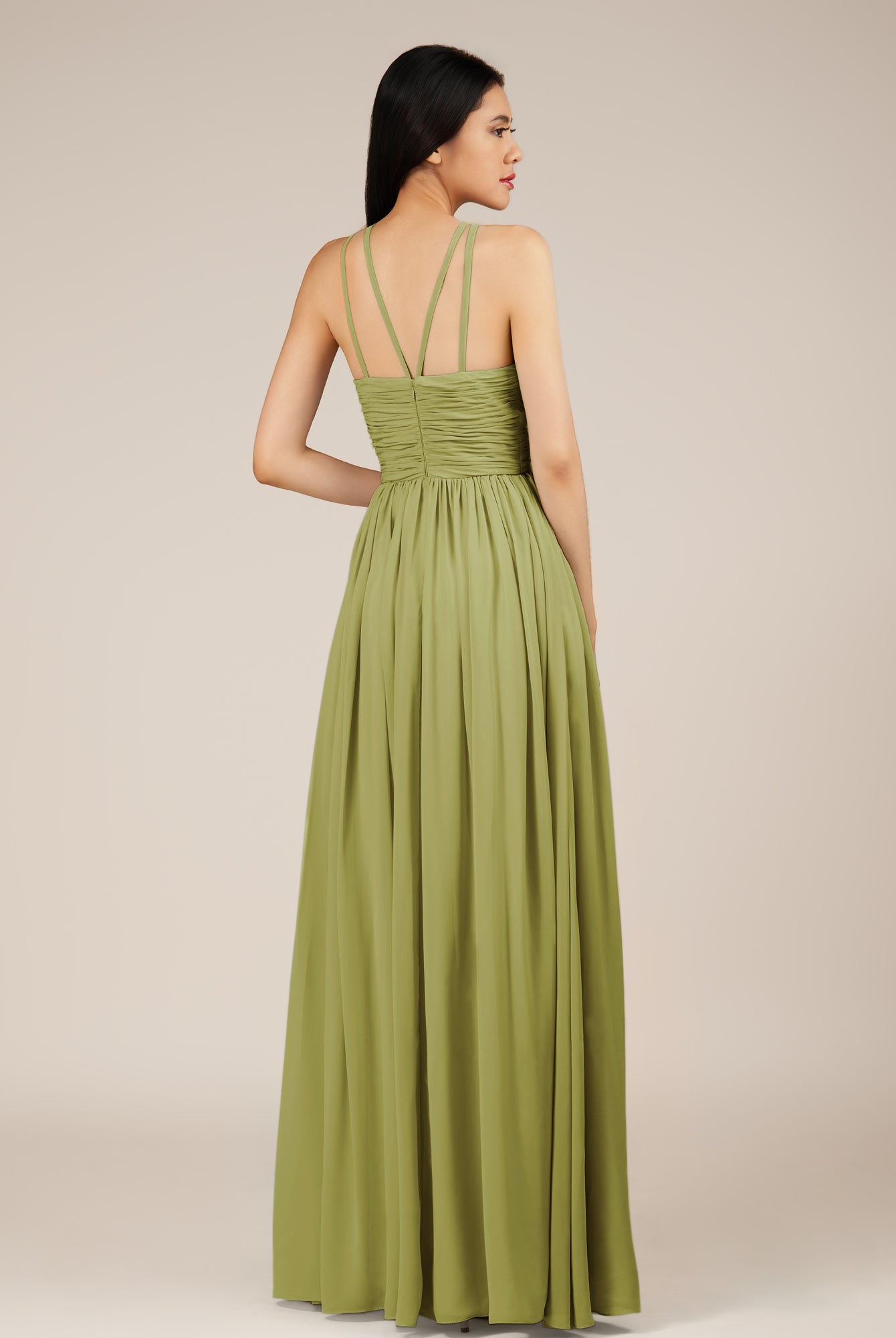 KissDress-Orinthia Moss Green A Line Halter Neck Chiffon Long Bridesmaid Dress with Pleats