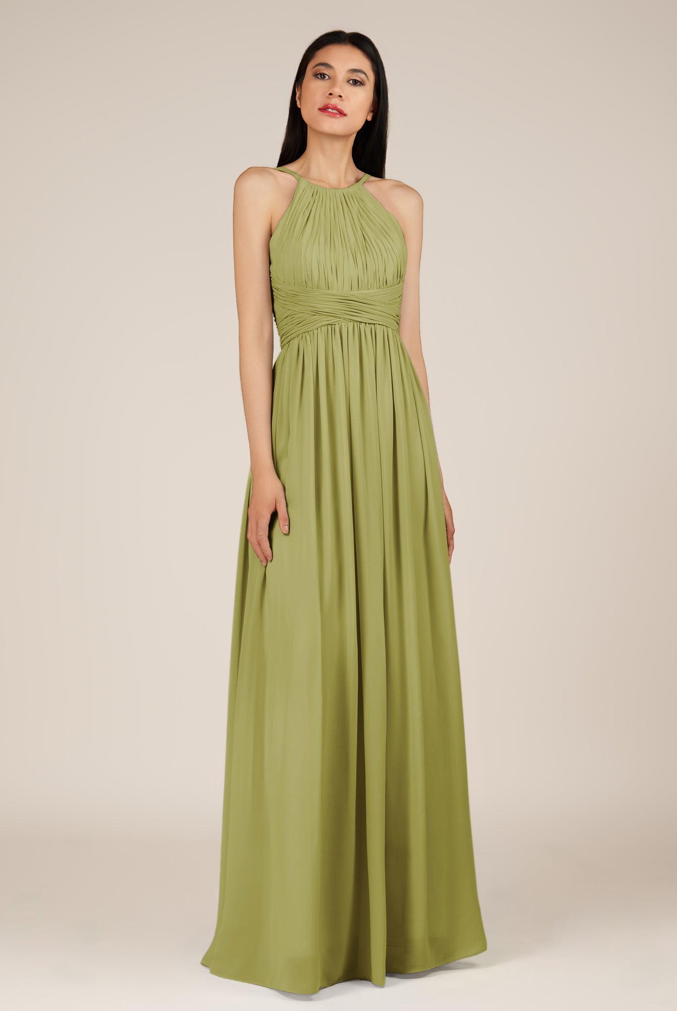 KissDress-Orinthia Moss Green A Line Halter Neck Chiffon Long Bridesmaid Dress with Pleats