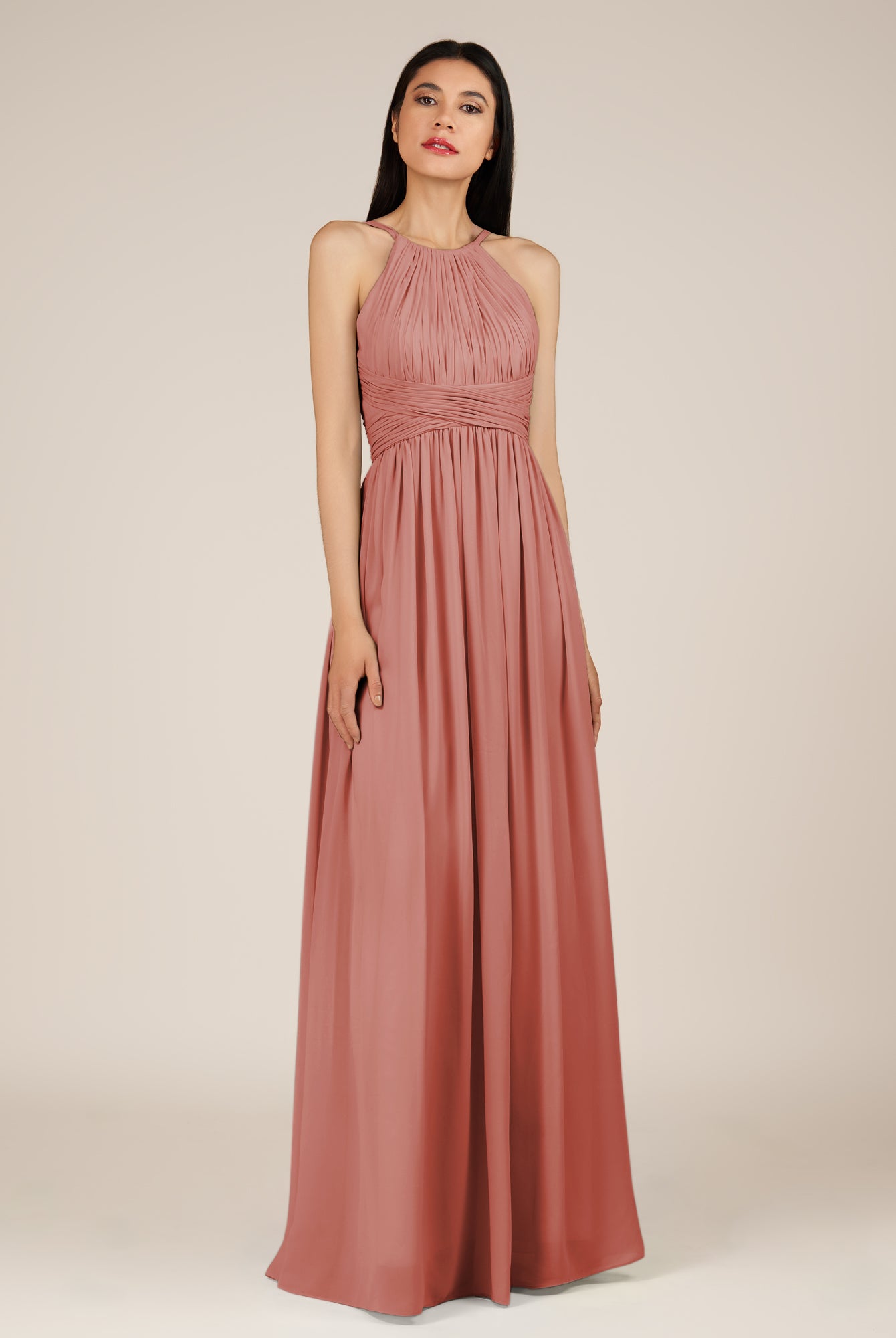 KissDress-Orinthia Mulberry A Line Halter Neck Chiffon Long Bridesmaid Dress with Pleats