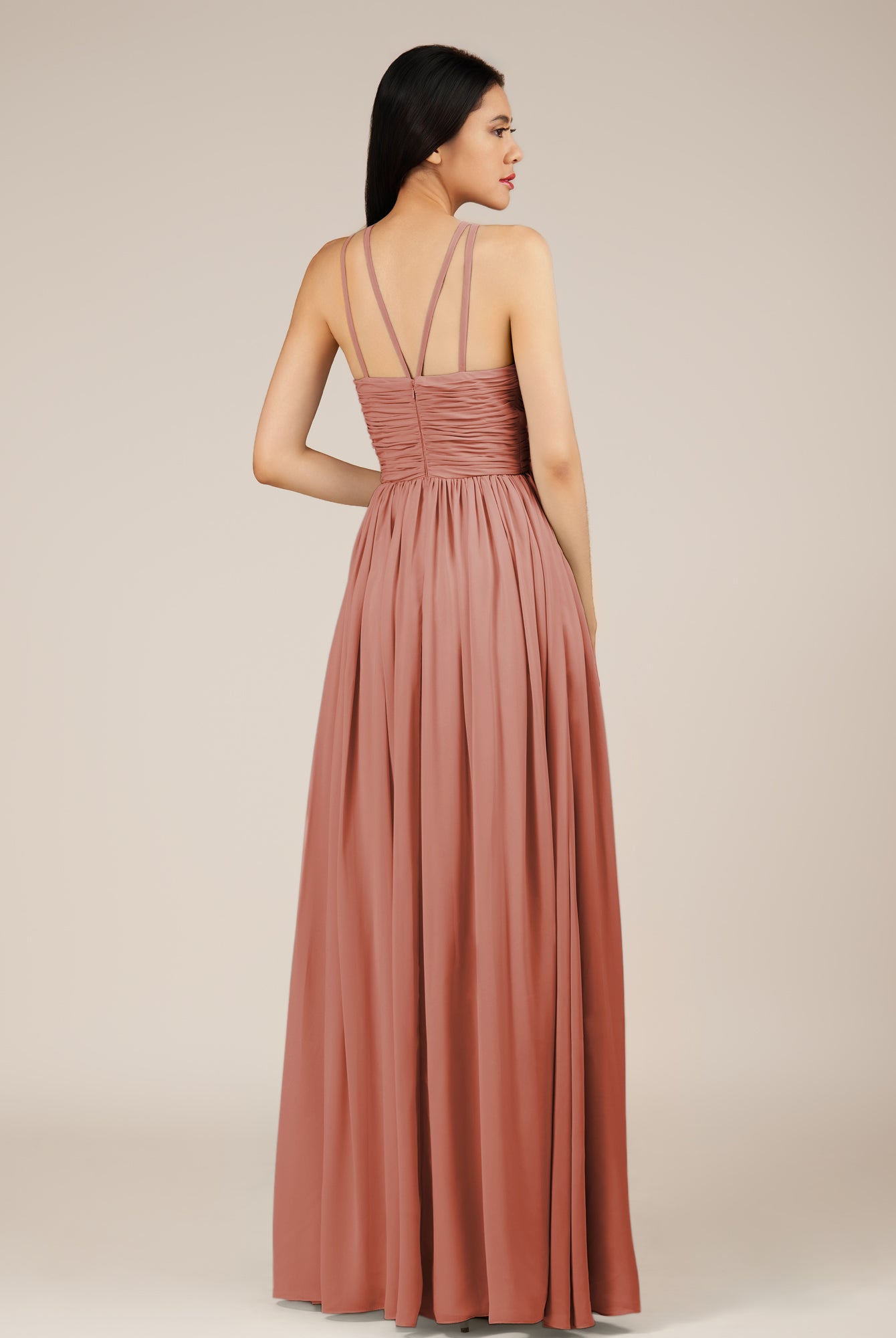 KissDress-Orinthia Mulberry A Line Halter Neck Chiffon Long Bridesmaid Dress with Pleats