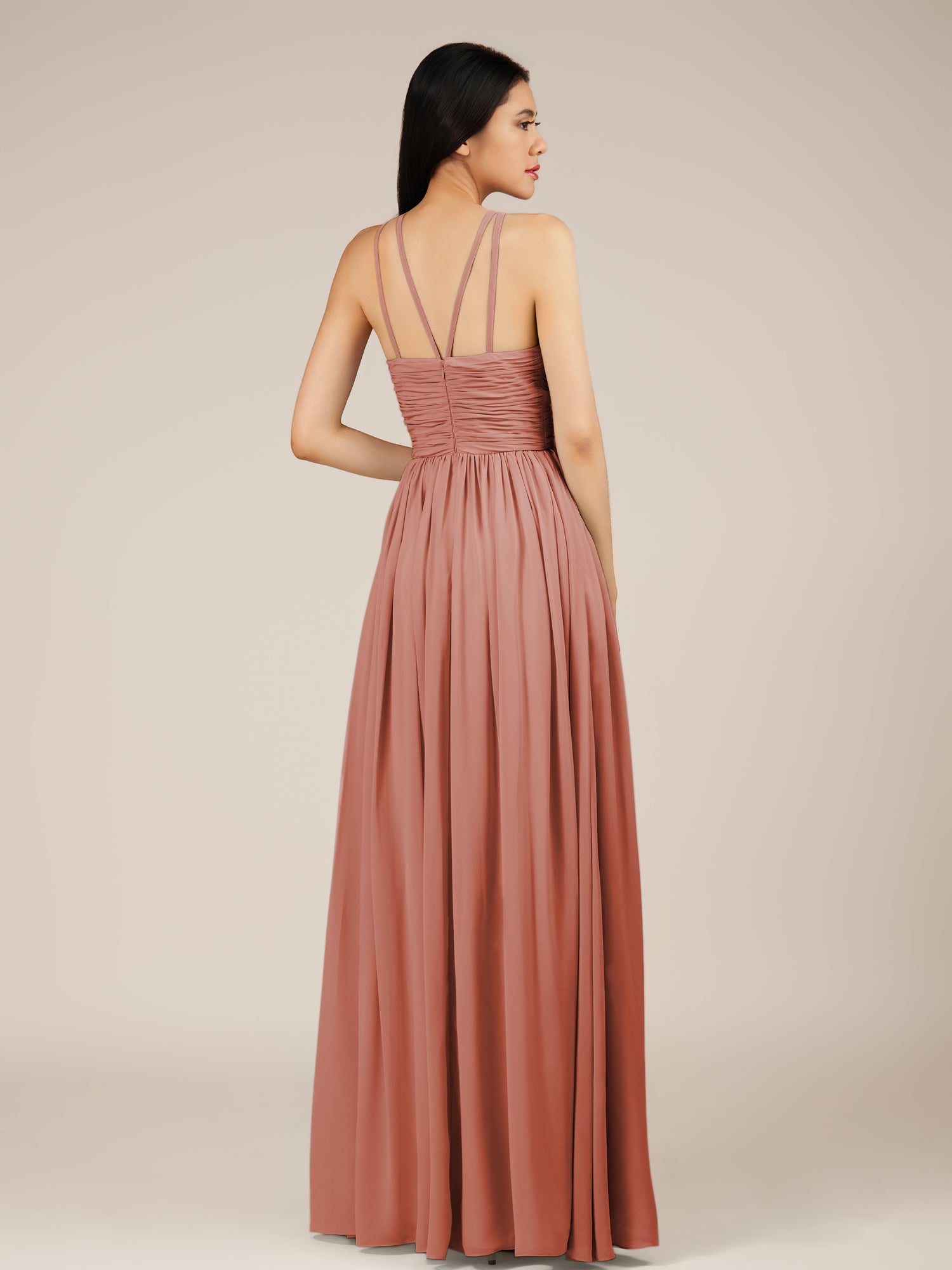 KissDress-Orinthia Mulberry A Line Halter Neck Chiffon Long Bridesmaid Dress with Pleats