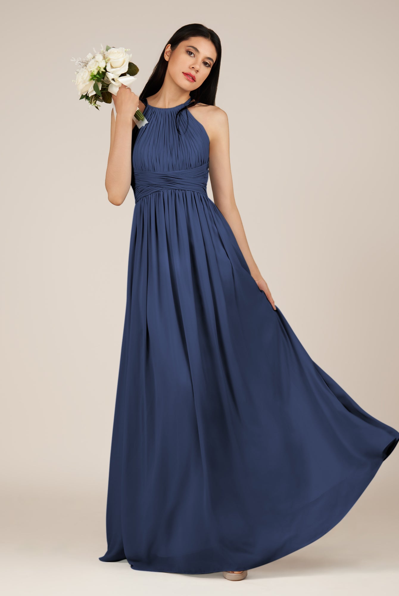 KissDress-Orinthia Navy A Line Halter Neck Chiffon Long Bridesmaid Dress with Pleats