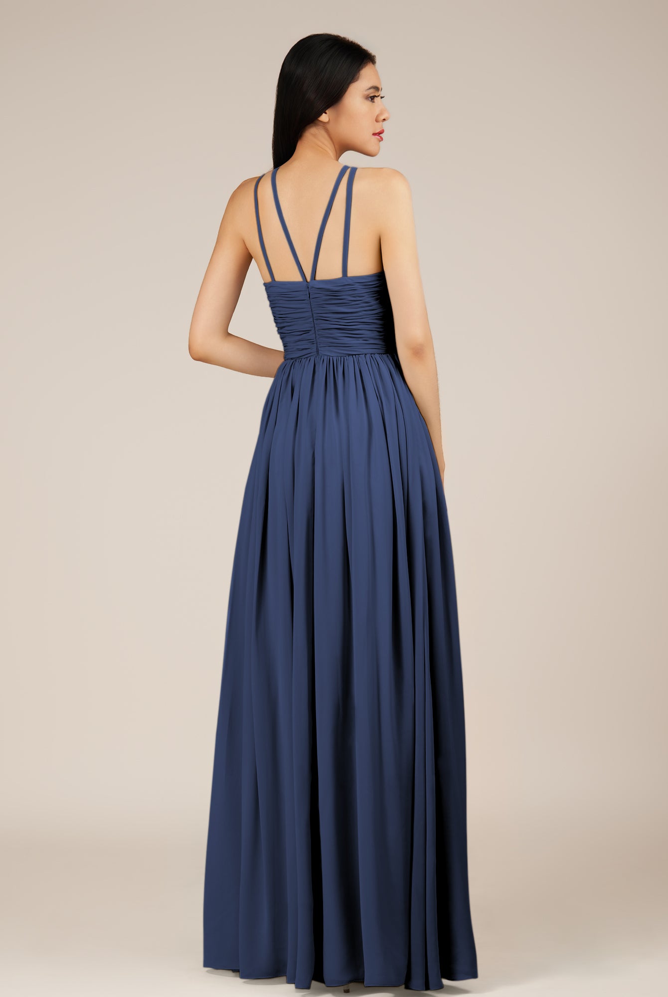 KissDress-Orinthia Navy A Line Halter Neck Chiffon Long Bridesmaid Dress with Pleats