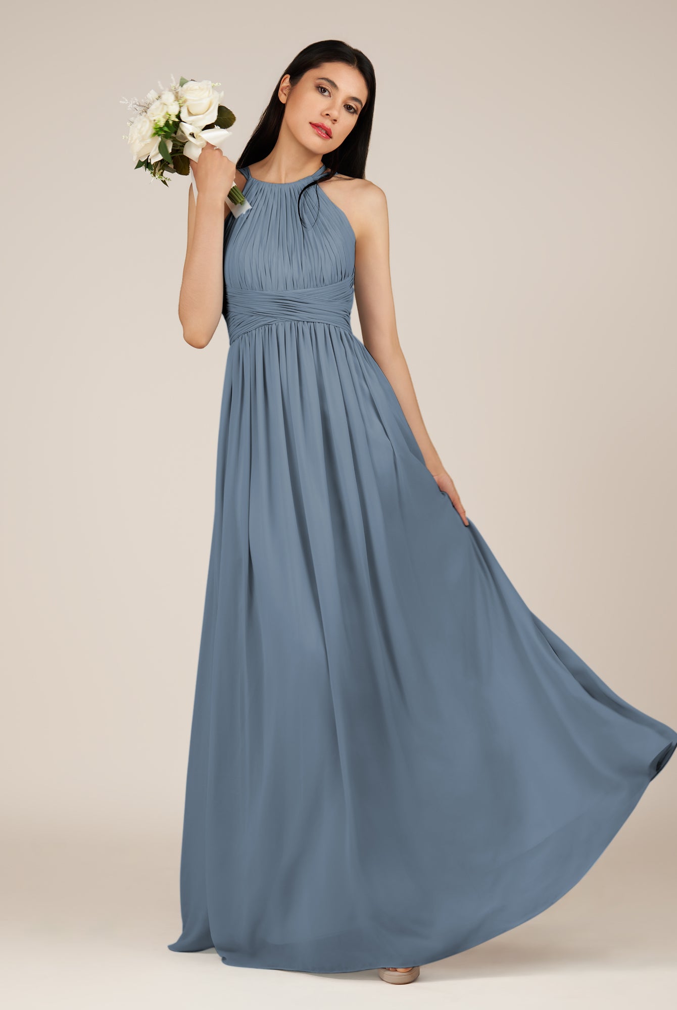 KissDress-Orinthia Neptune A Line Halter Neck Chiffon Long Bridesmaid Dress with Pleats