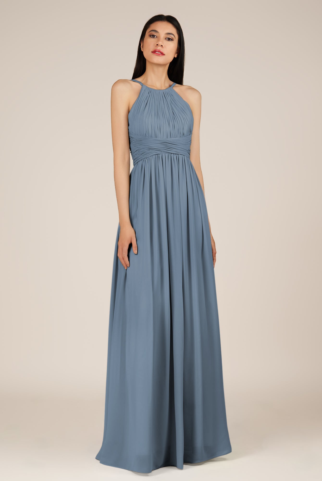 KissDress-Orinthia Neptune A Line Halter Neck Chiffon Long Bridesmaid Dress with Pleats