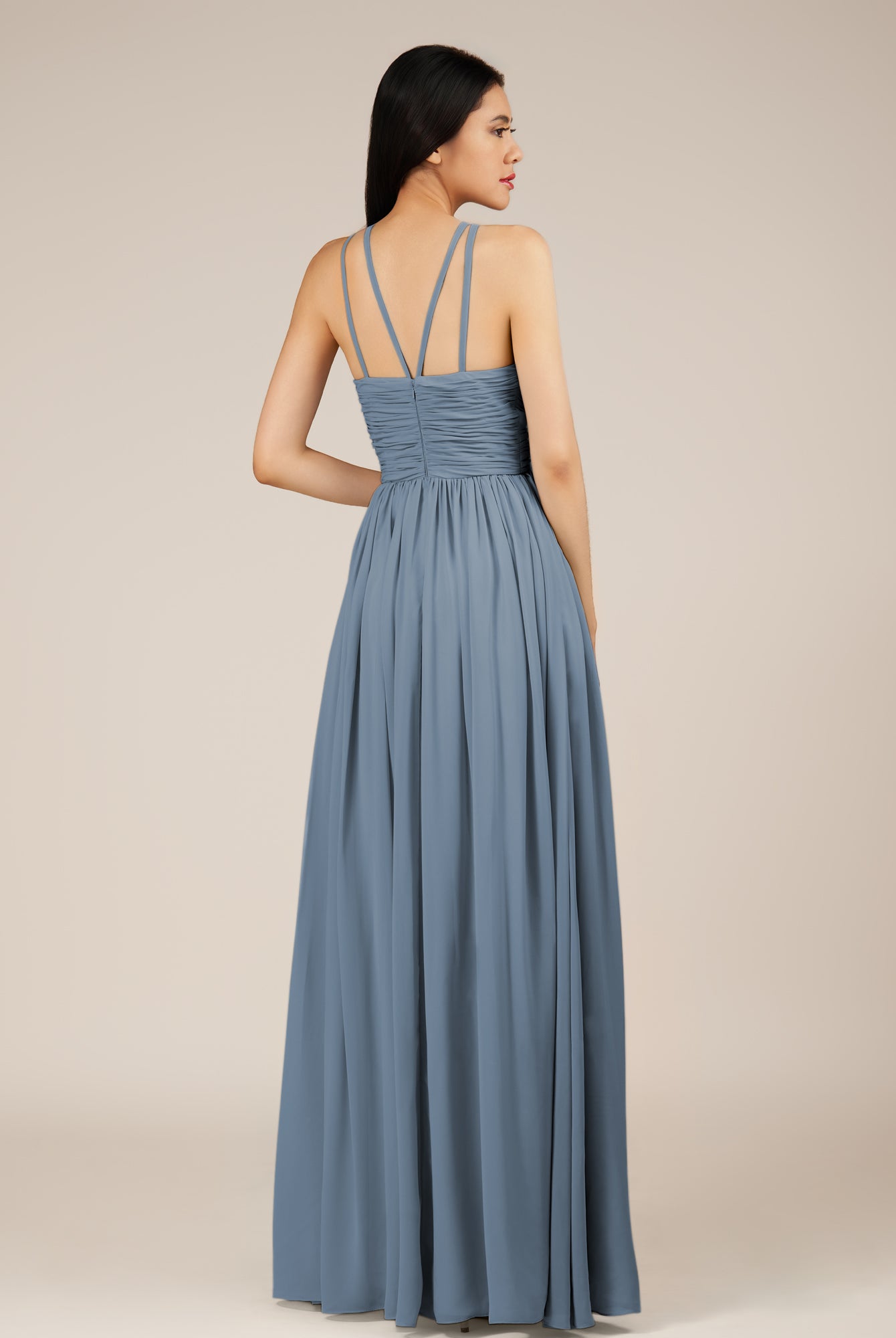 KissDress-Orinthia Neptune A Line Halter Neck Chiffon Long Bridesmaid Dress with Pleats