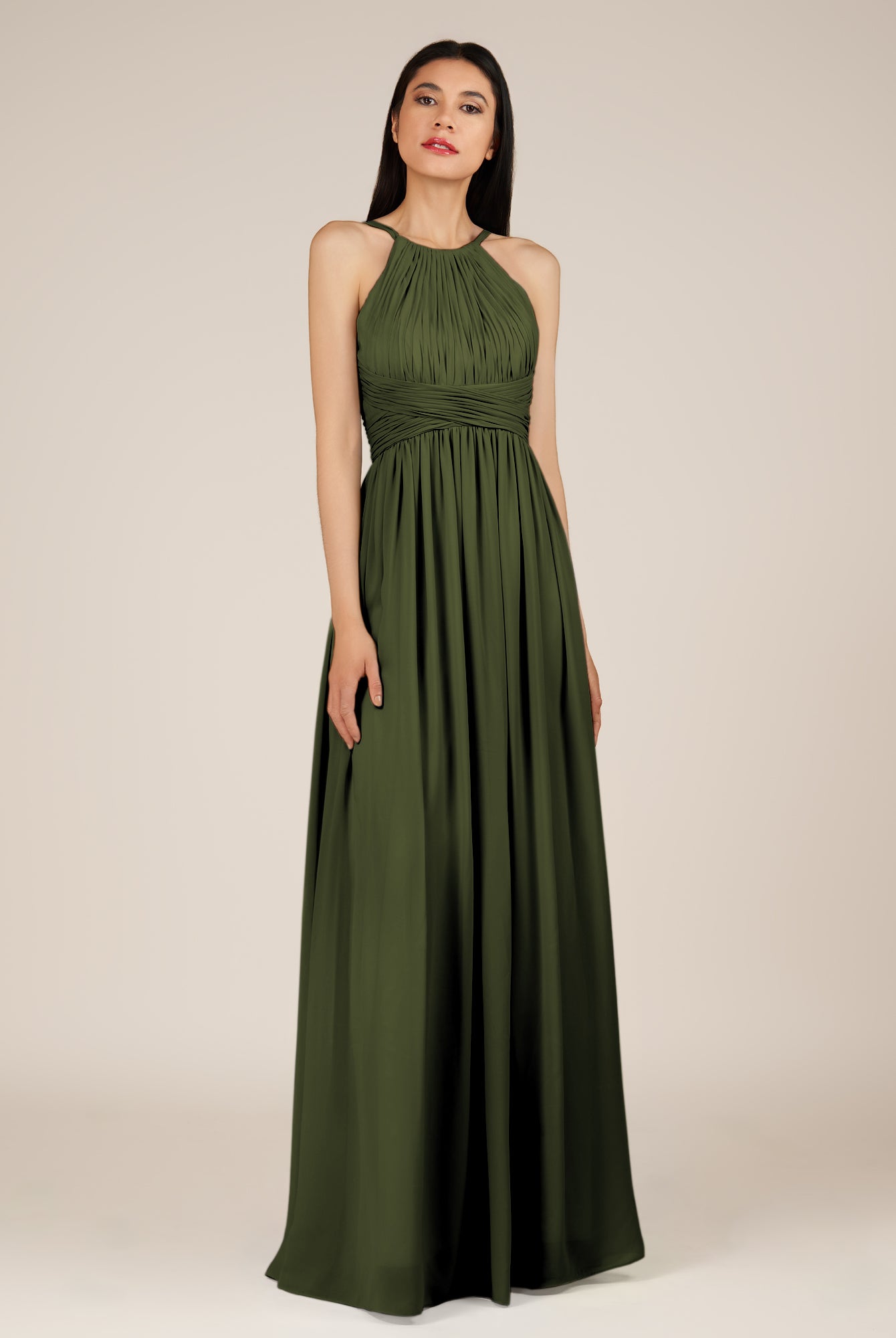 KissDress-Orinthia Olive A Line Halter Neck Chiffon Long Bridesmaid Dress with Pleats