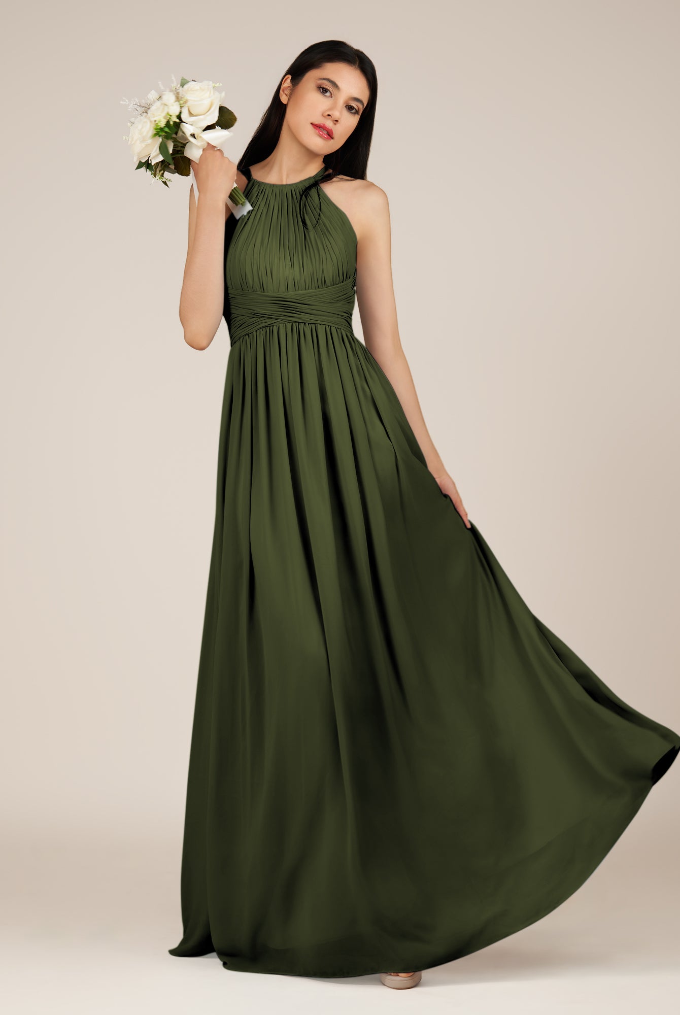 KissDress-Orinthia Olive A Line Halter Neck Chiffon Long Bridesmaid Dress with Pleats