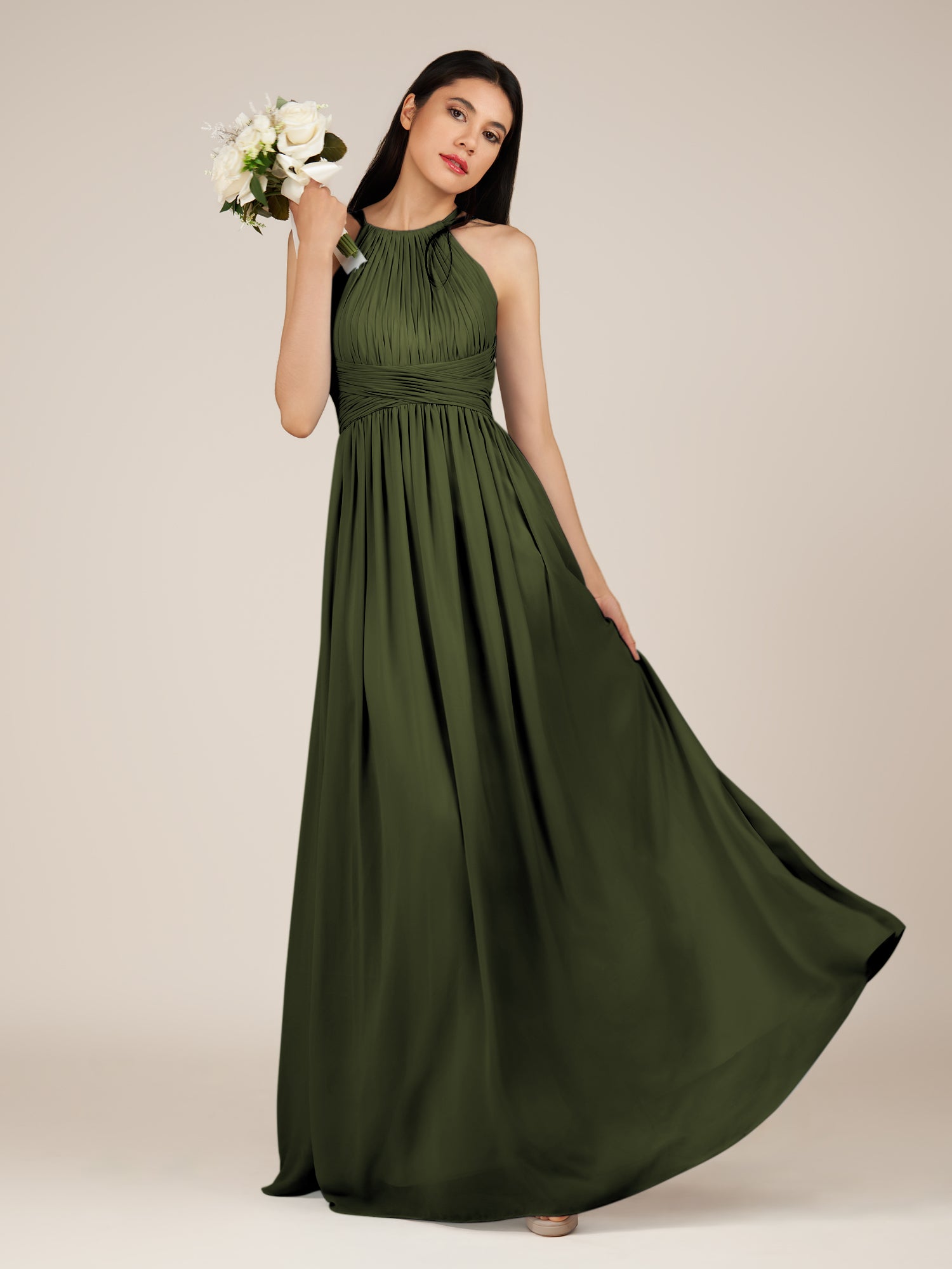 KissDress-Orinthia Olive A Line Halter Neck Chiffon Long Bridesmaid Dress with Pleats