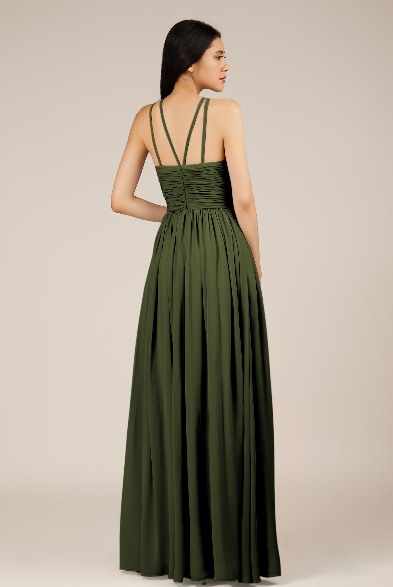 KissDress-Orinthia Olive A Line Halter Neck Chiffon Long Bridesmaid Dress with Pleats