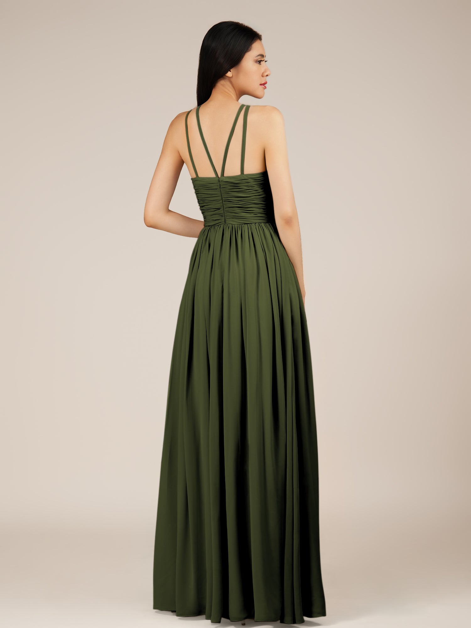 KissDress-Orinthia Olive A Line Halter Neck Chiffon Long Bridesmaid Dress with Pleats