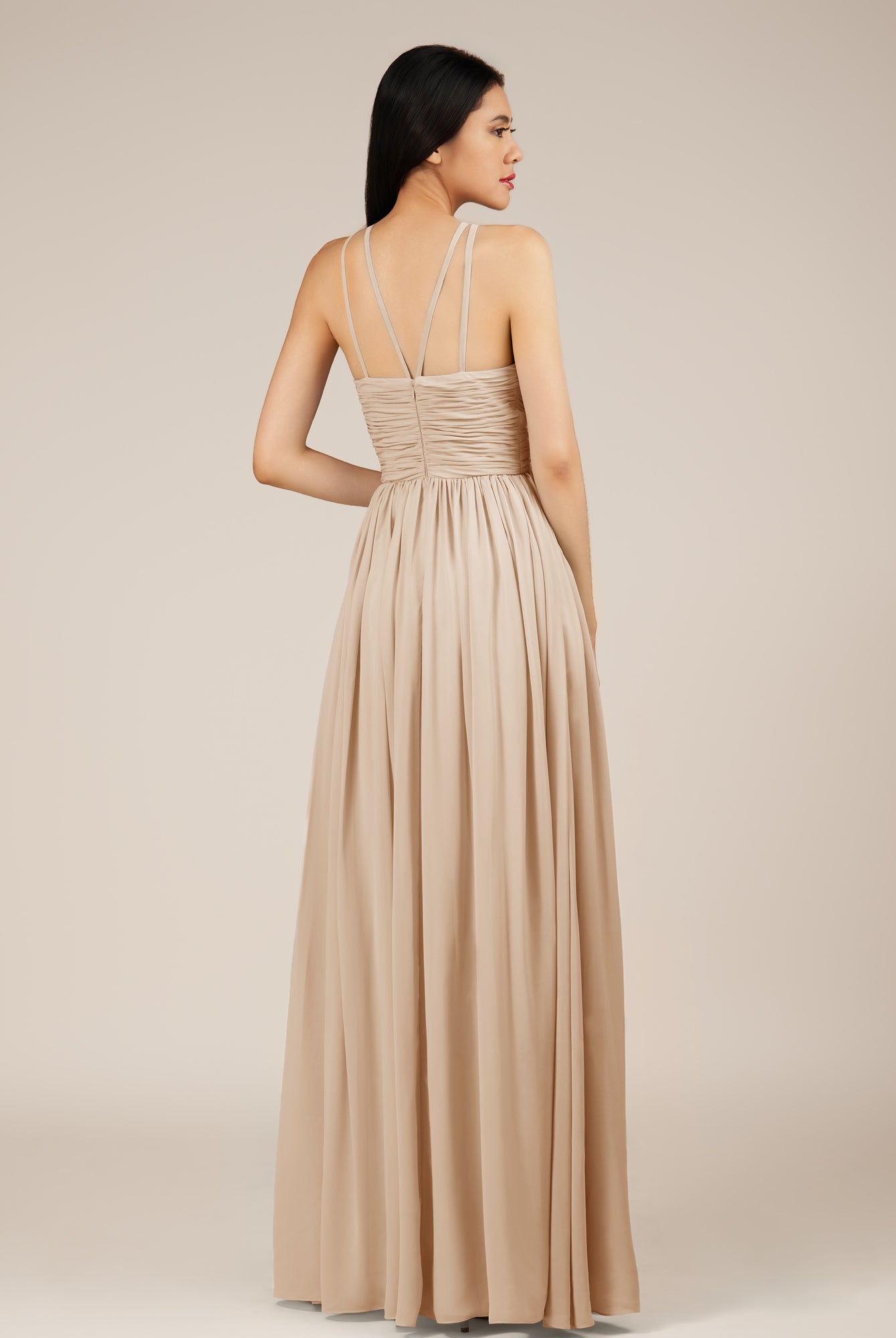 KissDress-Orinthia Pale Blush A Line Halter Neck Chiffon Long Bridesmaid Dress with Pleats