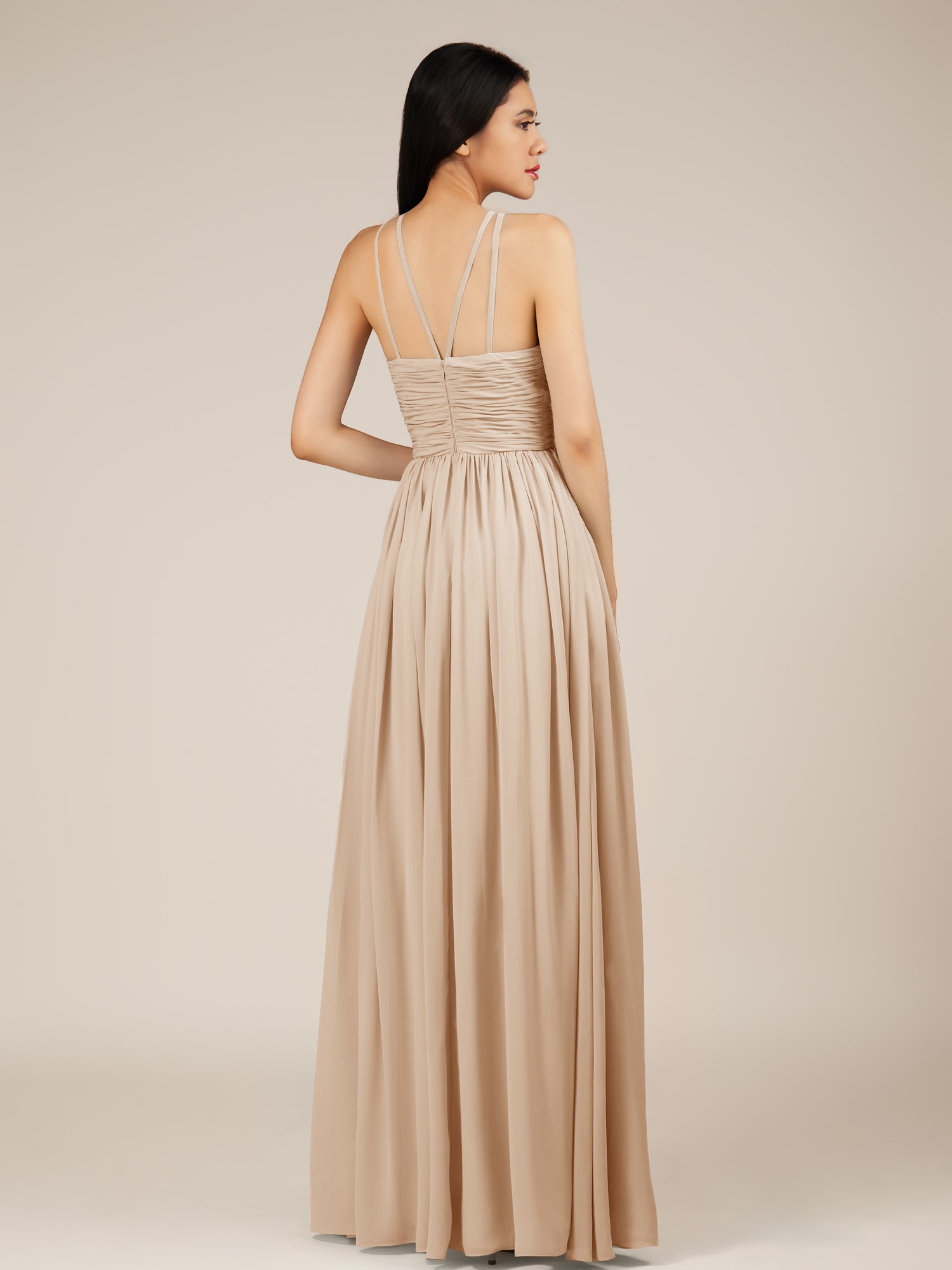 KissDress-Orinthia Pale Blush A Line Halter Neck Chiffon Long Bridesmaid Dress with Pleats