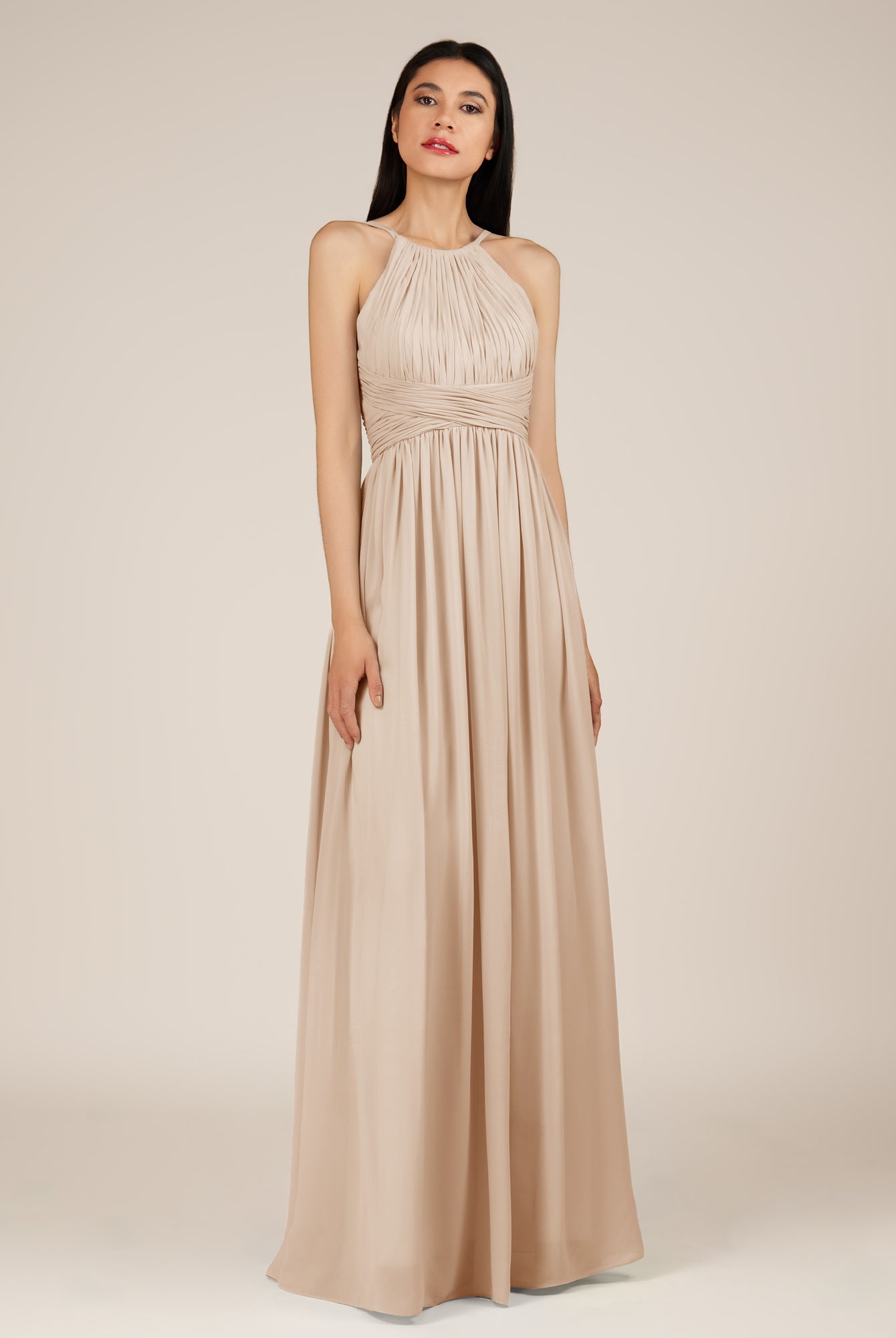 KissDress-Orinthia Pale Blush A Line Halter Neck Chiffon Long Bridesmaid Dress with Pleats
