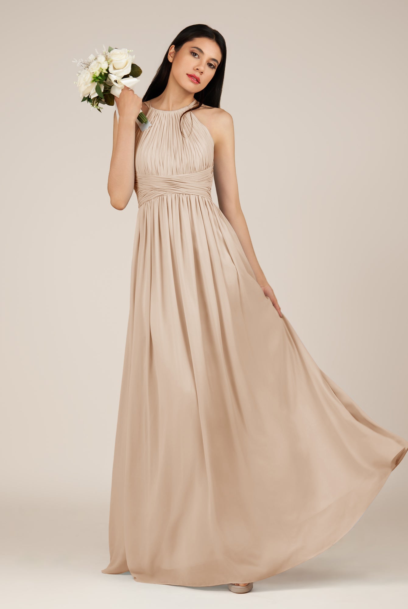 KissDress-Orinthia Pale Blush A Line Halter Neck Chiffon Long Bridesmaid Dress with Pleats
